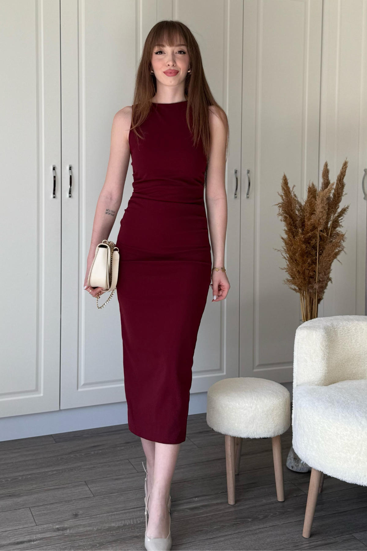 Dilay Gökoğlu Butik-Φόρεμα Draped Midi Claret Red 8