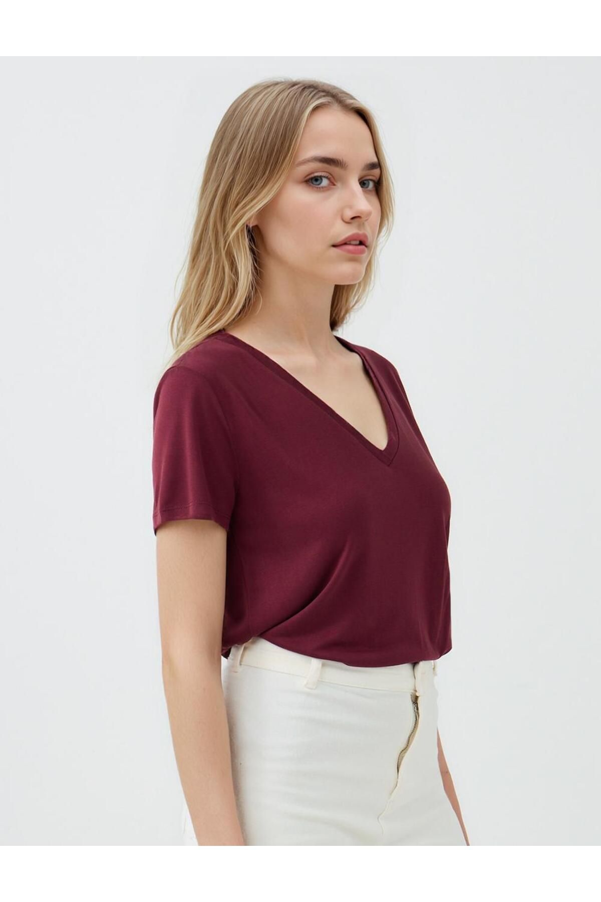 Jimmy Key-Tricou modal tricotat cu mânecă scurtă cu decolteu în V burgundy 3