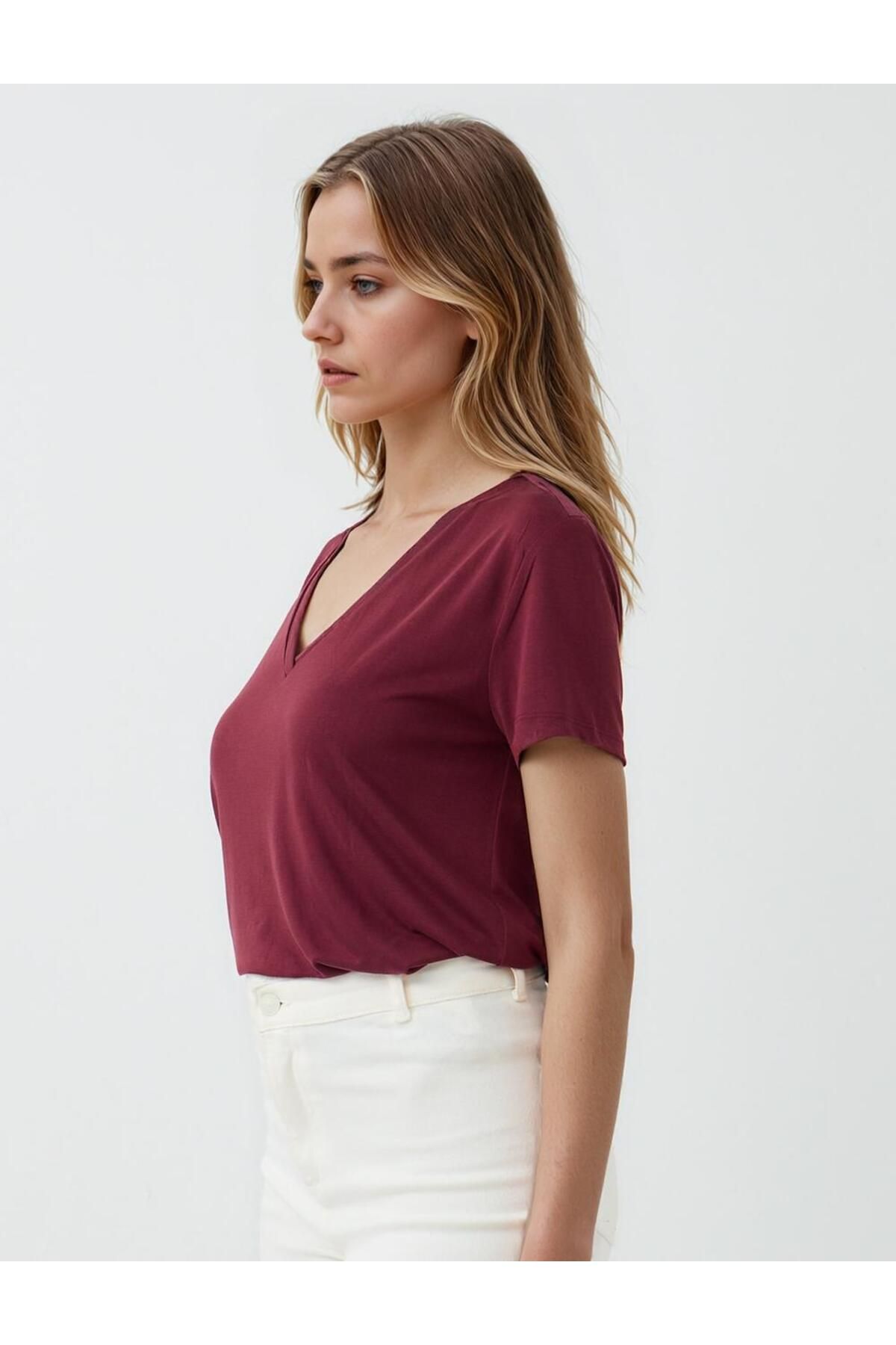 Jimmy Key-Tricou modal tricotat cu mânecă scurtă cu decolteu în V burgundy 4