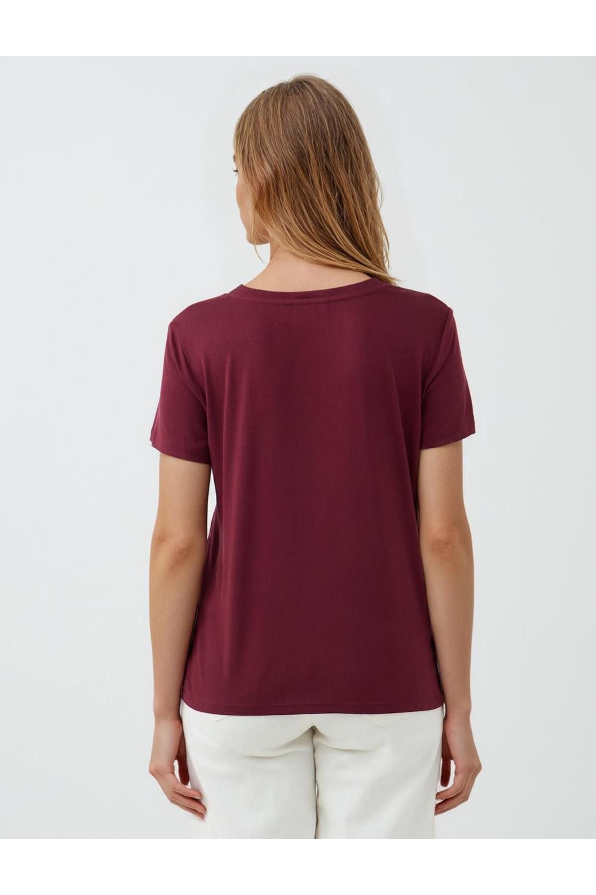 Jimmy Key-Tricou modal tricotat cu mânecă scurtă cu decolteu în V burgundy 5
