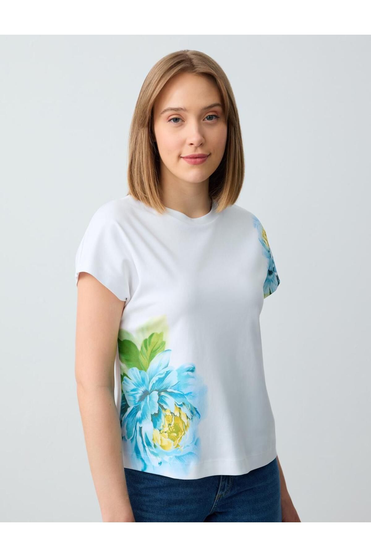 Jimmy Key-Ecru 100% Cotton Patterned Crew Neck Short Sleeve T-Shirt 1