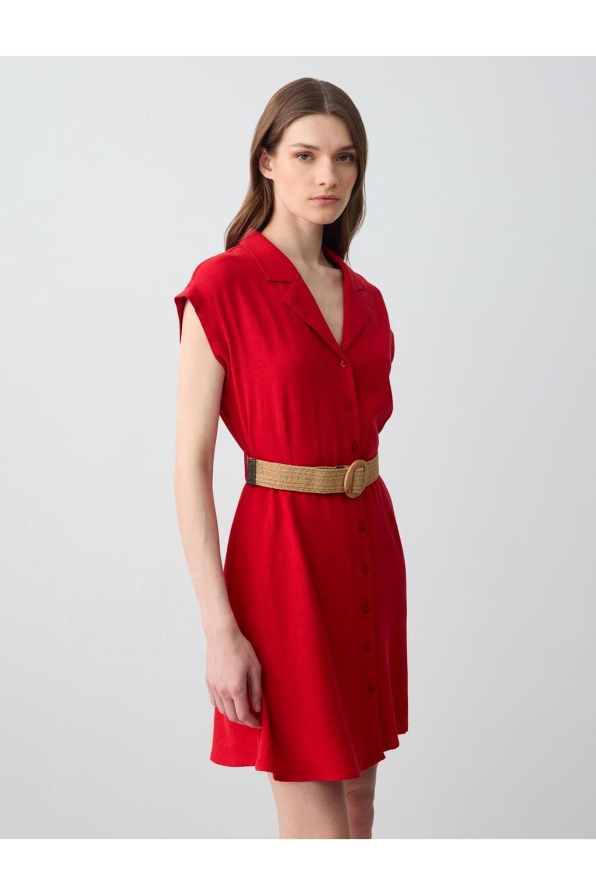 Jimmy Key-Red Short Sleeve Shirt Collar Linen Mini Dress with Belt Detail 4