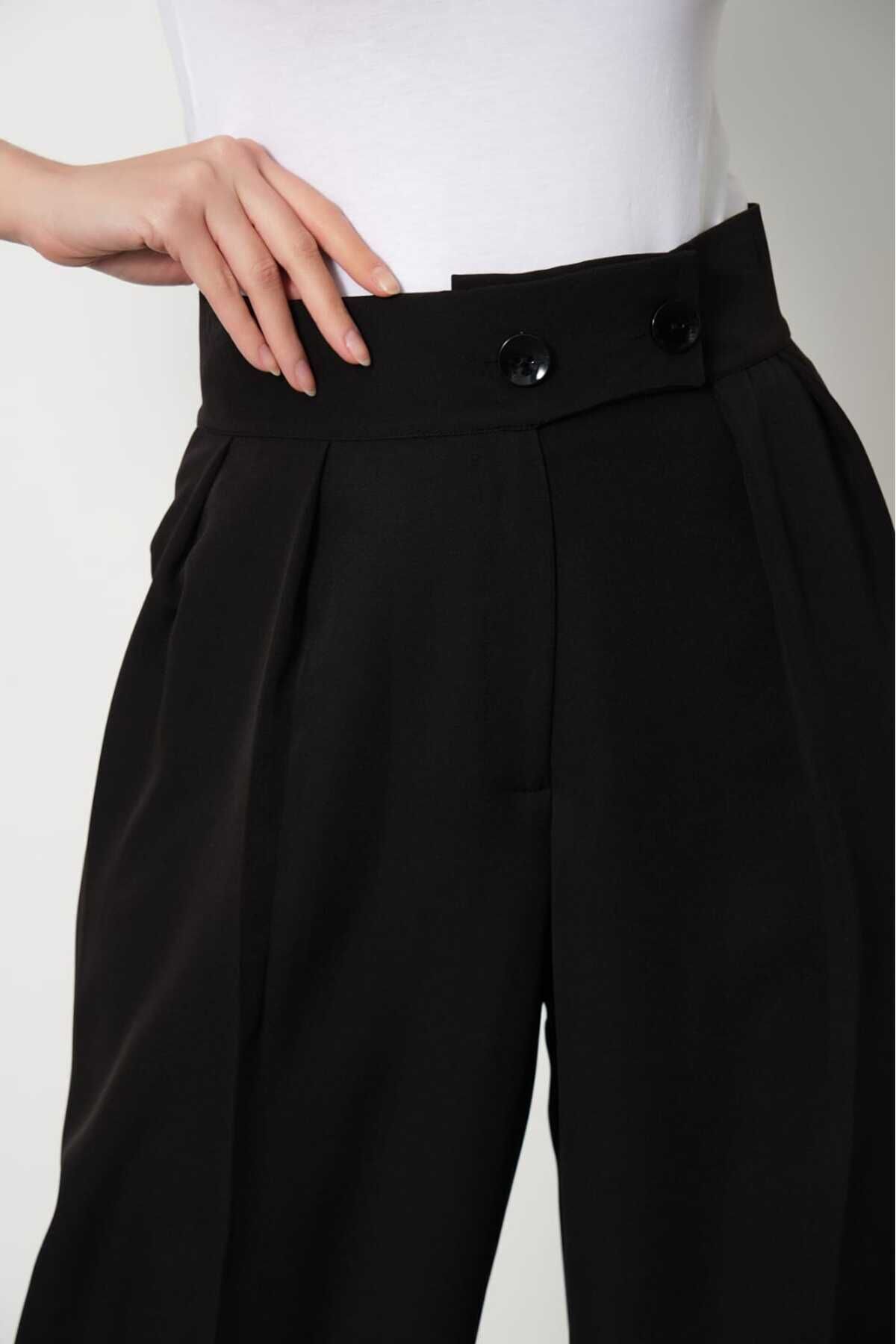 H&A İSTANBUL Women's Black Pleated High Waist Button-Closure Fabric Palazzo Pants