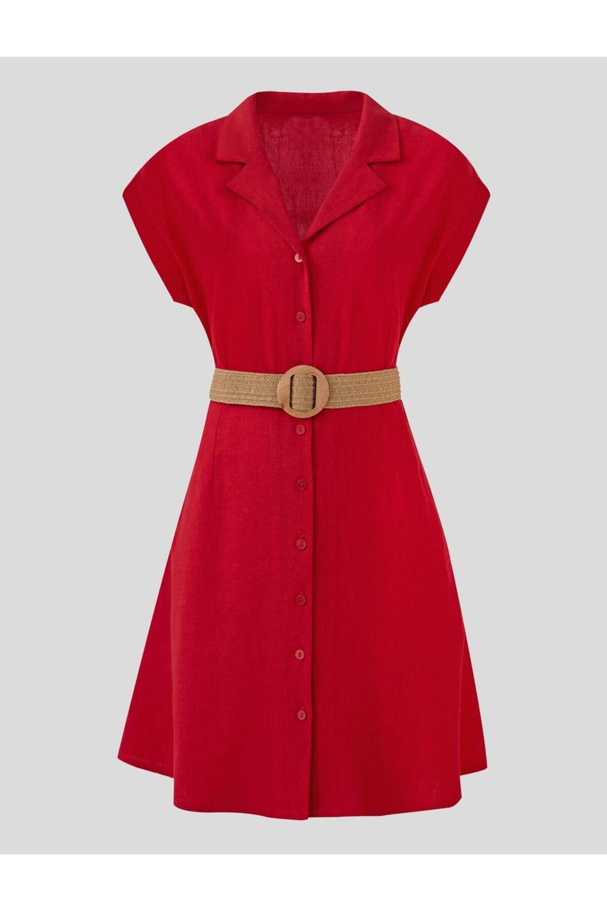 Jimmy Key-Red Short Sleeve Shirt Collar Linen Mini Dress with Belt Detail 6