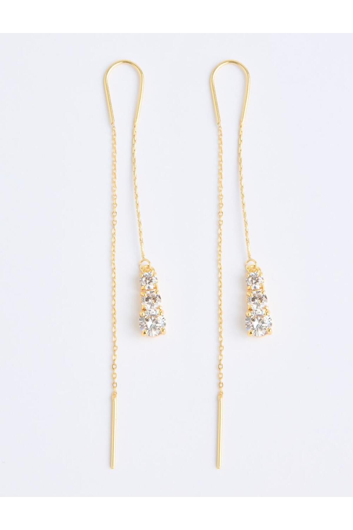 Jimmy Key-Silver Color Chain Detailed Swinging Earrings 2
