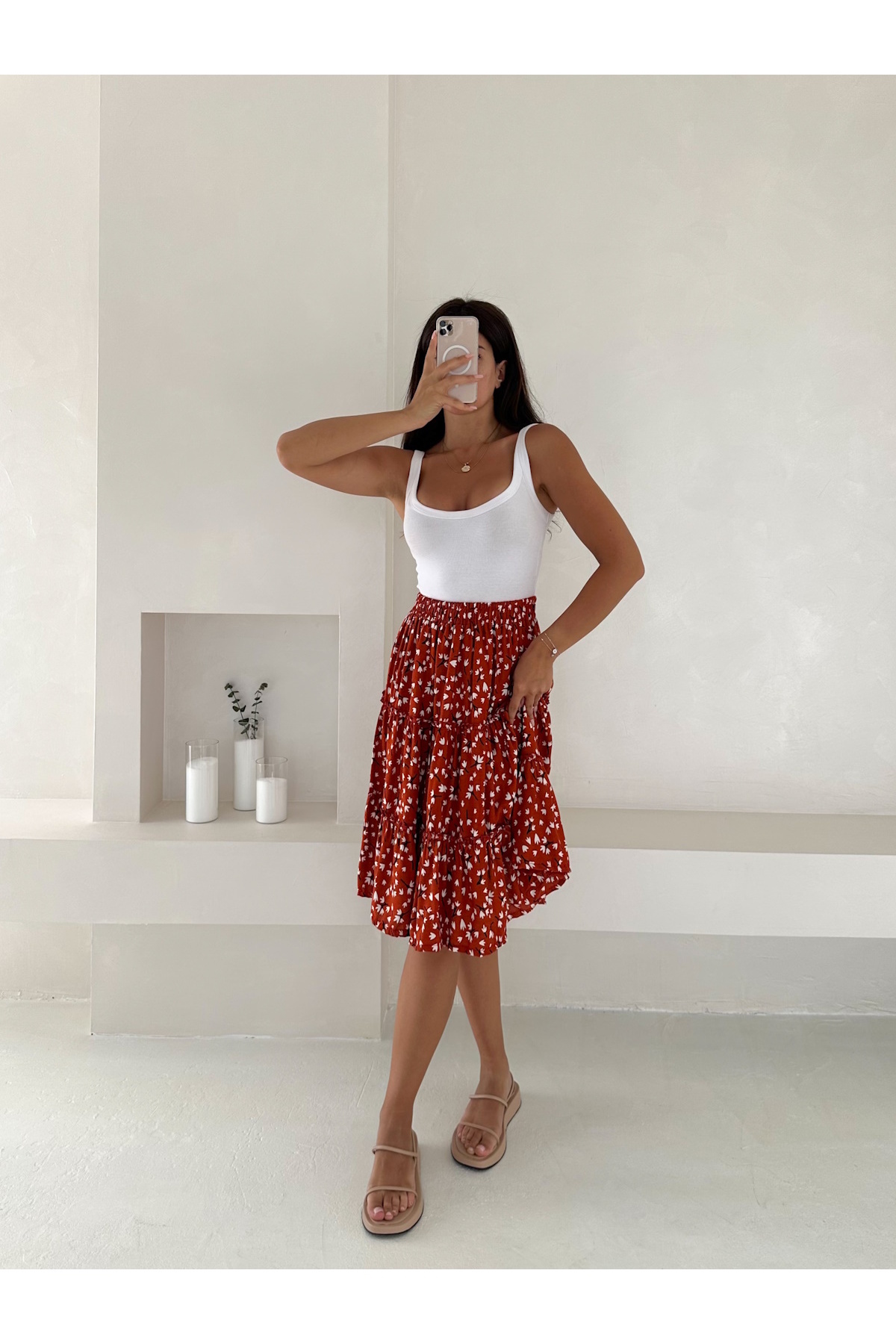 YUSUF CAN KARATAŞ KARATAŞ GİYİM-Women S Stylish Floral Print High Waist Skirt - A-Line, Knee Length, Spring/Summer Fashion 5