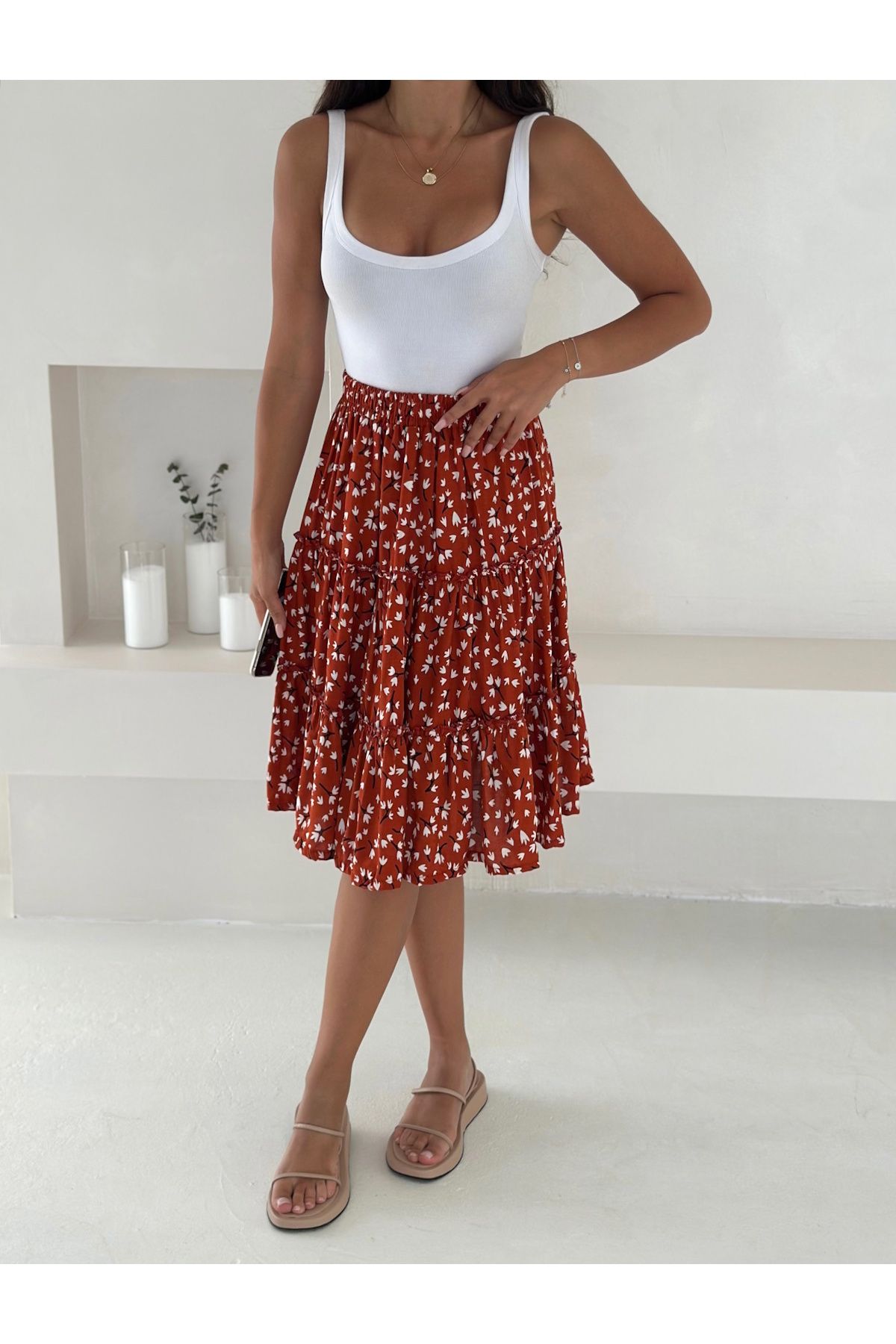 MaxiMor-Women S Stylish Floral Print High Waist Skirt - A-Line, Knee Length, Spring/Summer Fashion 2