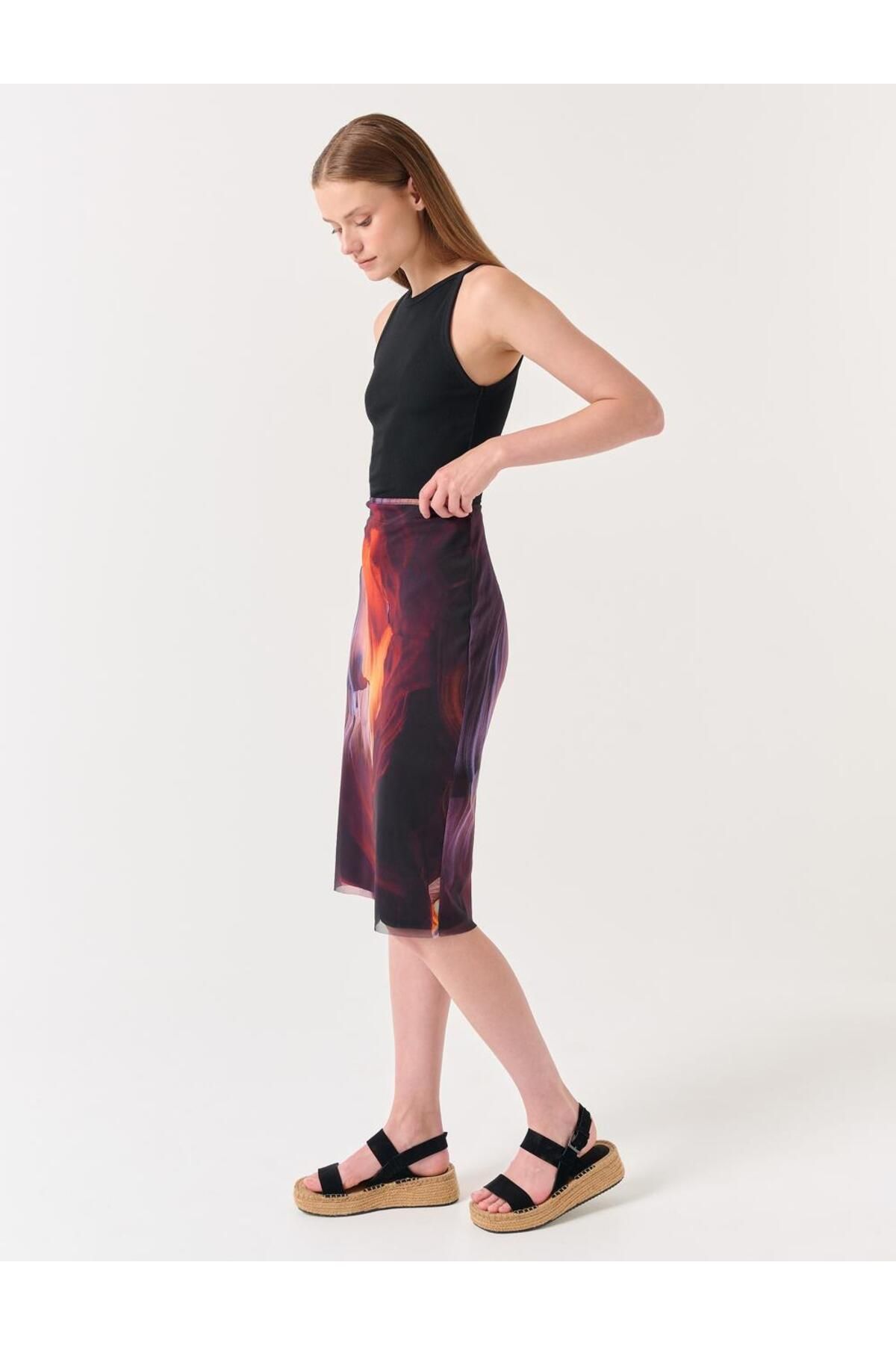 Jimmy Key-Dunkellila gemusterter Midi-Netzrock mit hoher Taille 3