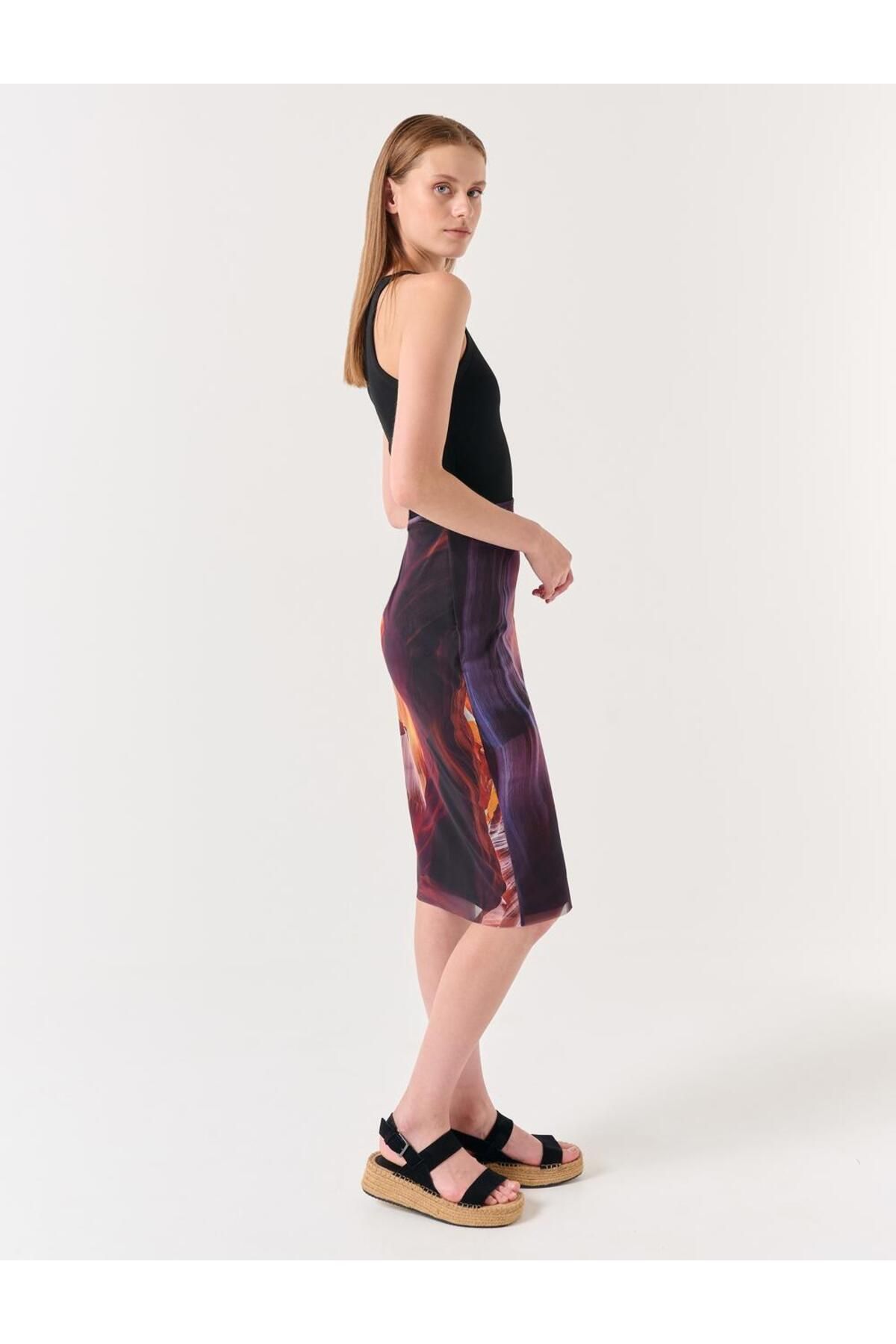 Jimmy Key-Dunkellila gemusterter Midi-Netzrock mit hoher Taille 4
