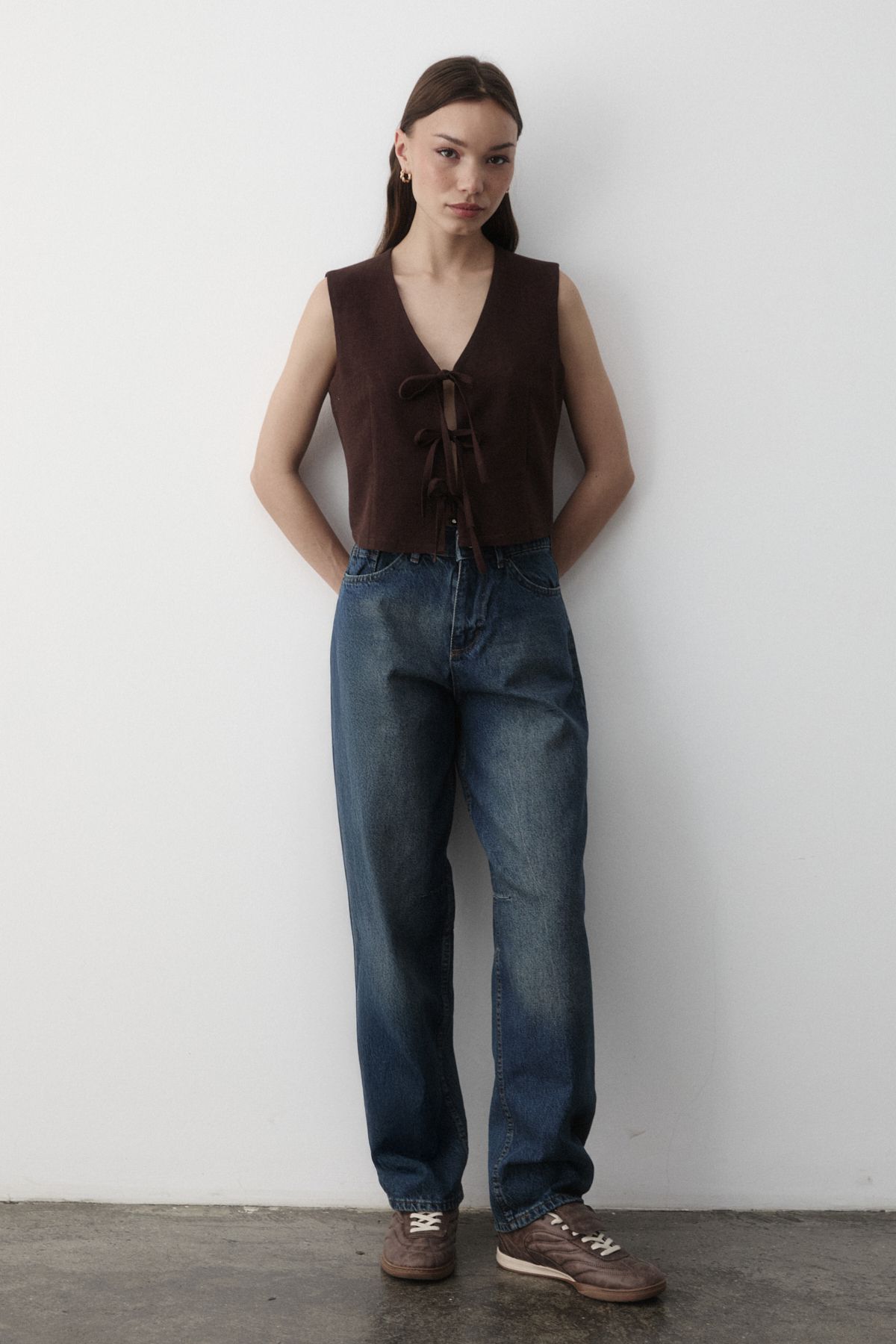 JASTE-Women's Brown Tie-Up Linen Vest 3