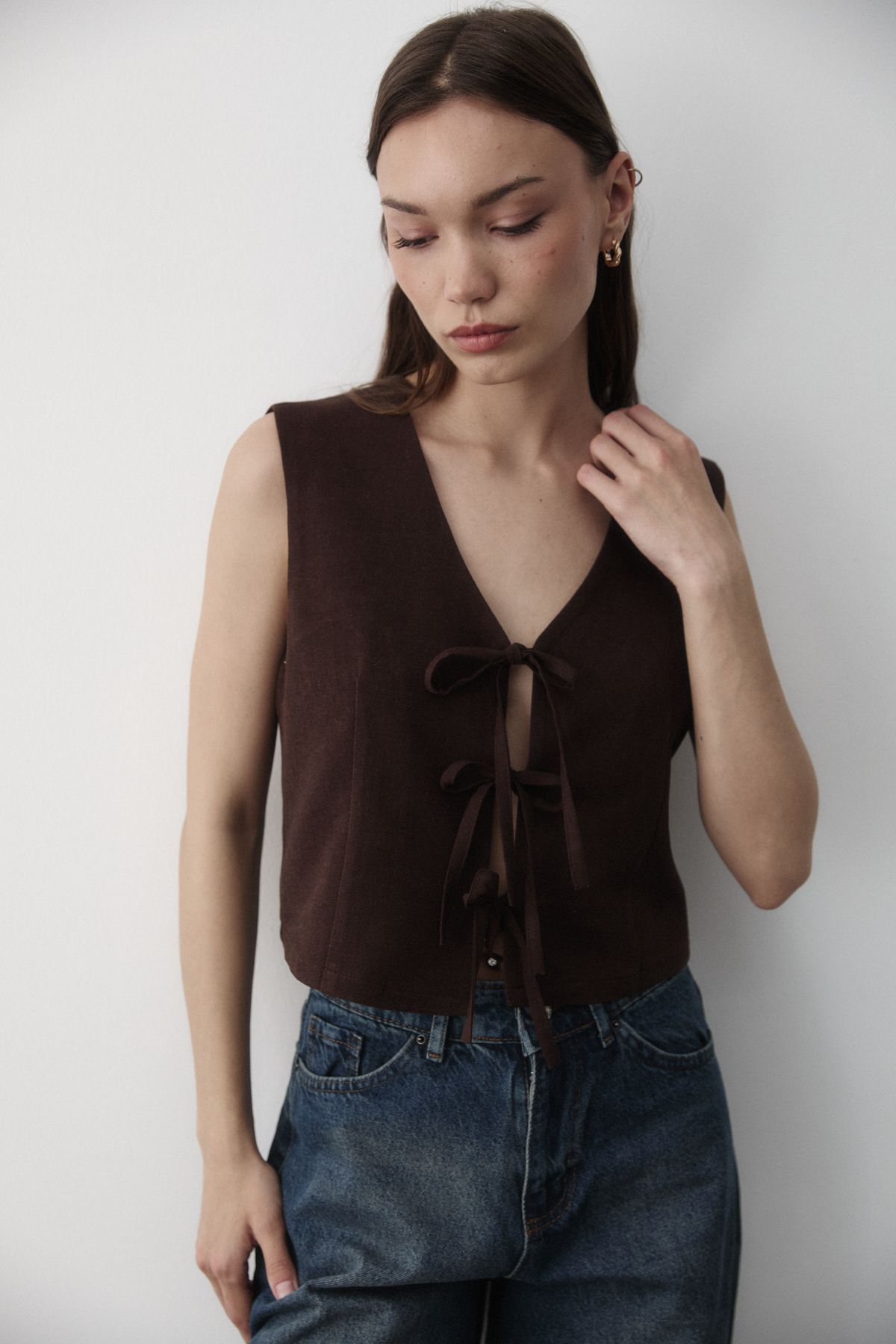 JASTE-Women's Brown Tie-Up Linen Vest 4
