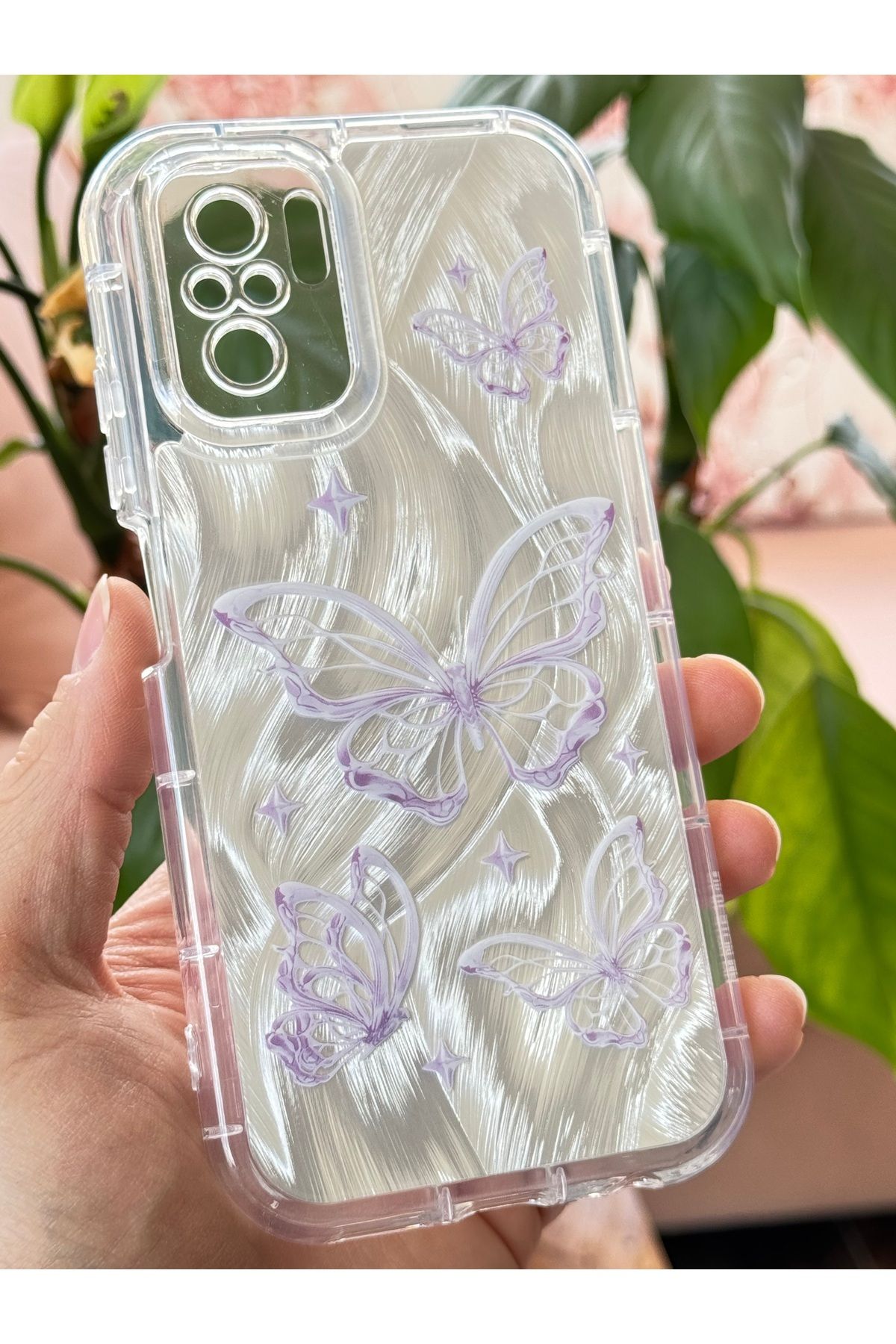 Fibaks-Redmi Note 10 - Note 10S Case Plug-In Camera Protected Glossy Hologram Butterfly Pattern Shock Absorbing 6