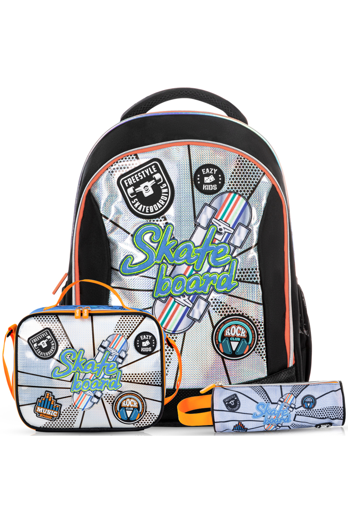 Eazy Kids 17" Set of 3 Backpack w/ Lunch Bag and Pencil Case - Skate Board