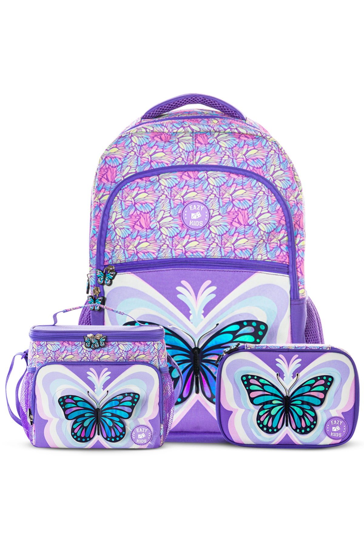 Eazy Kids 18" Set of 3 Backpack w/ Lunch Bag and Pencil Case - 3D Butterfly Purple