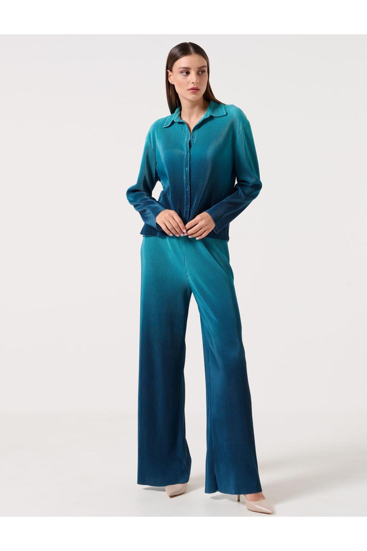 Jimmy Key-Türkise, locker geschnittene, plissierte Strickhose mit hoher Taille und weitem Bein 4