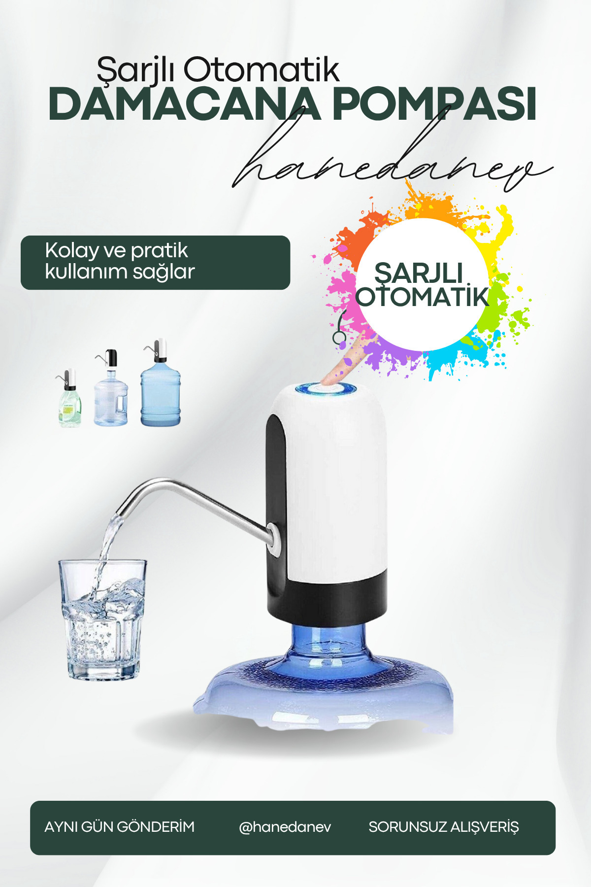 Hanedanev Hızlı Ve Sessiz Damacana Pompası Usb Şarjlı Ve Otomatik Dakikada 1.8 Litre Su Çıkışı