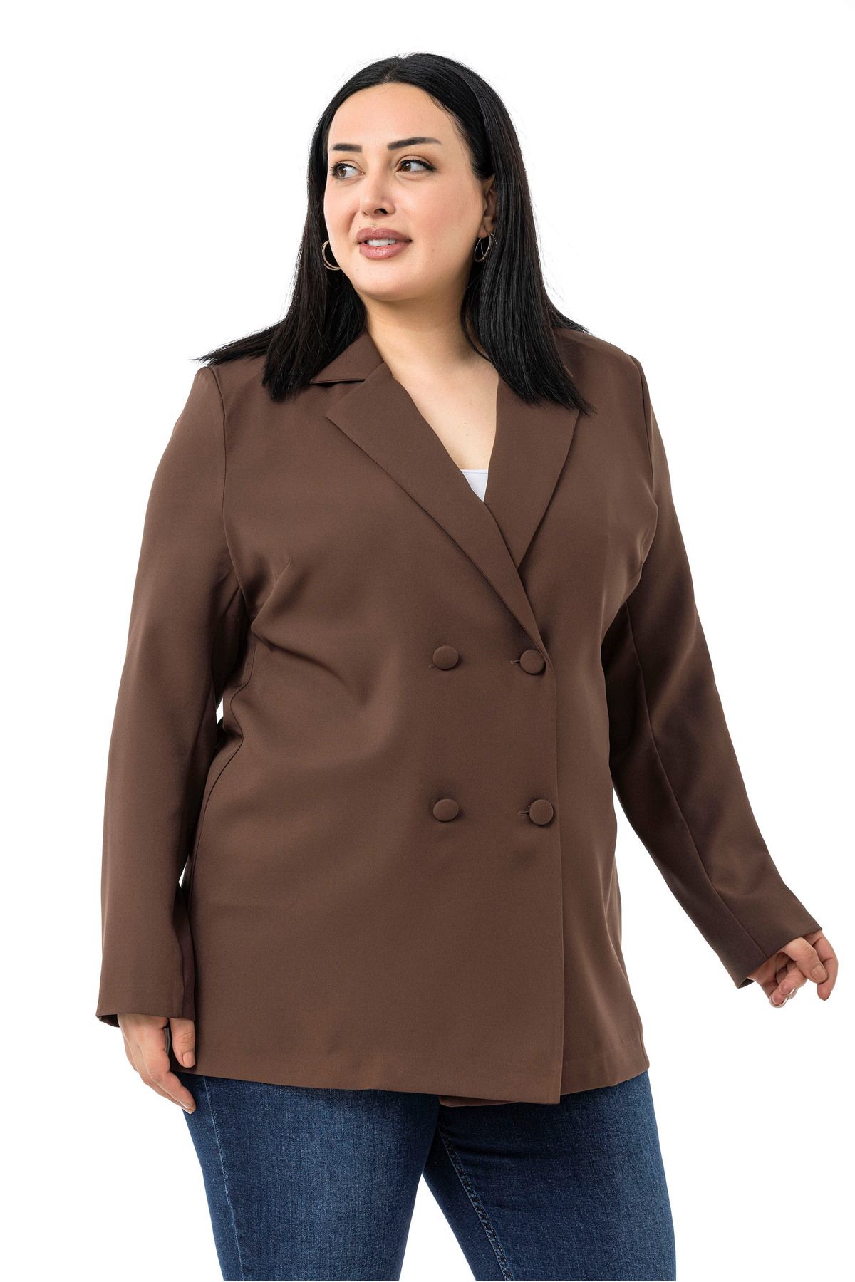 DISENTIS MODEST-Plus Size Covered Button Double Breasted Brown Unlined Jacket 4