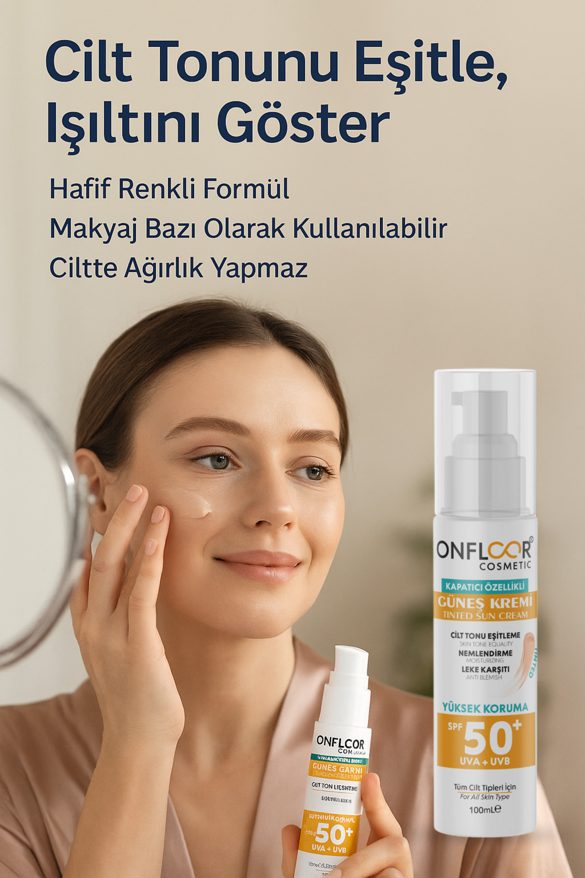 Renkli Güneş Kremi SPF 50+ 100 ml - Ton Eşitleyici, Nemlendirici Yüz Güneş Koruyucu — ONFGNŞKRM — تصویر 3 از 4
