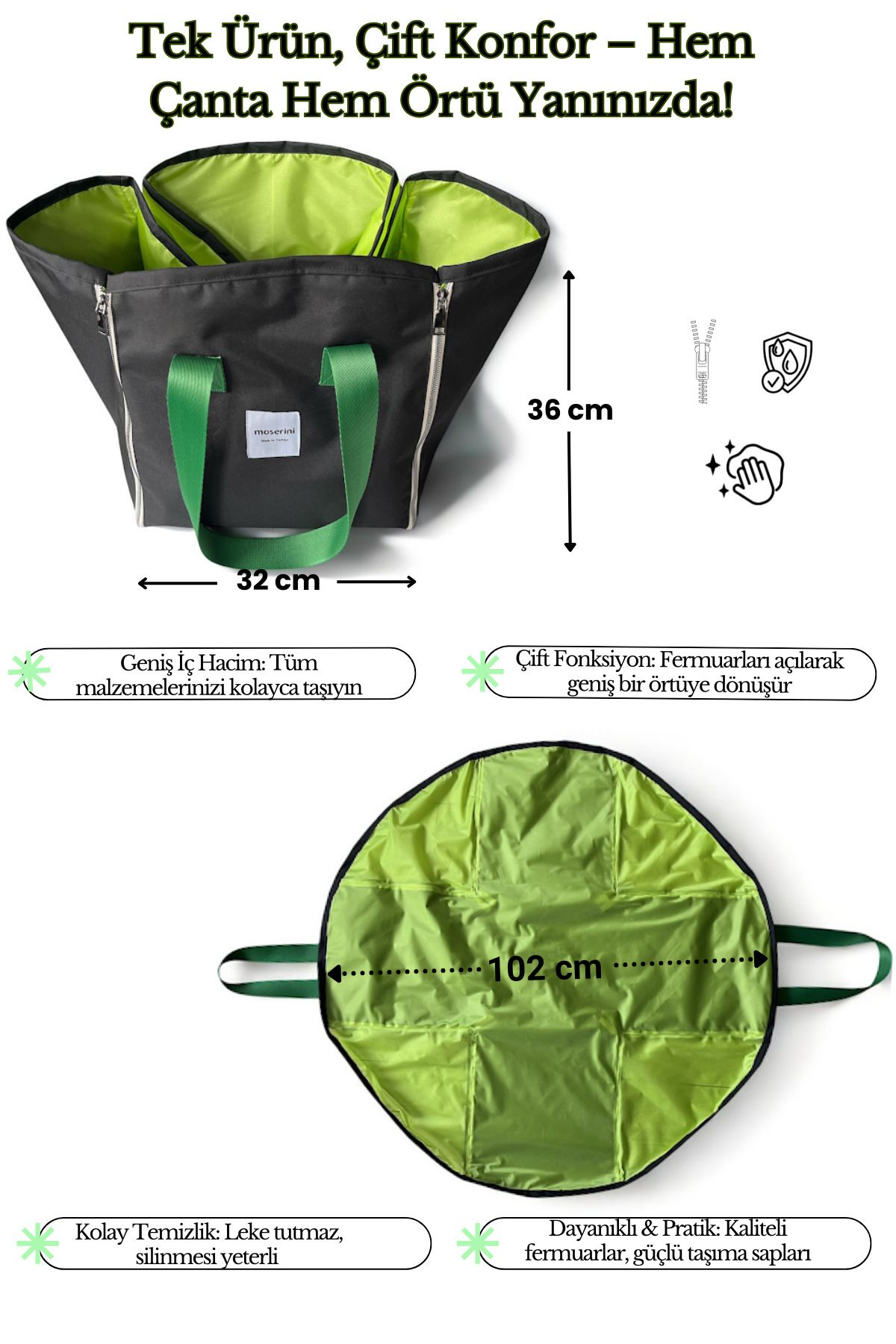 Moserini-2 in 1 Large Size Zippered Picnic, Beach and Camping Bag / Cover - Foldable, Multi-Purpose 2