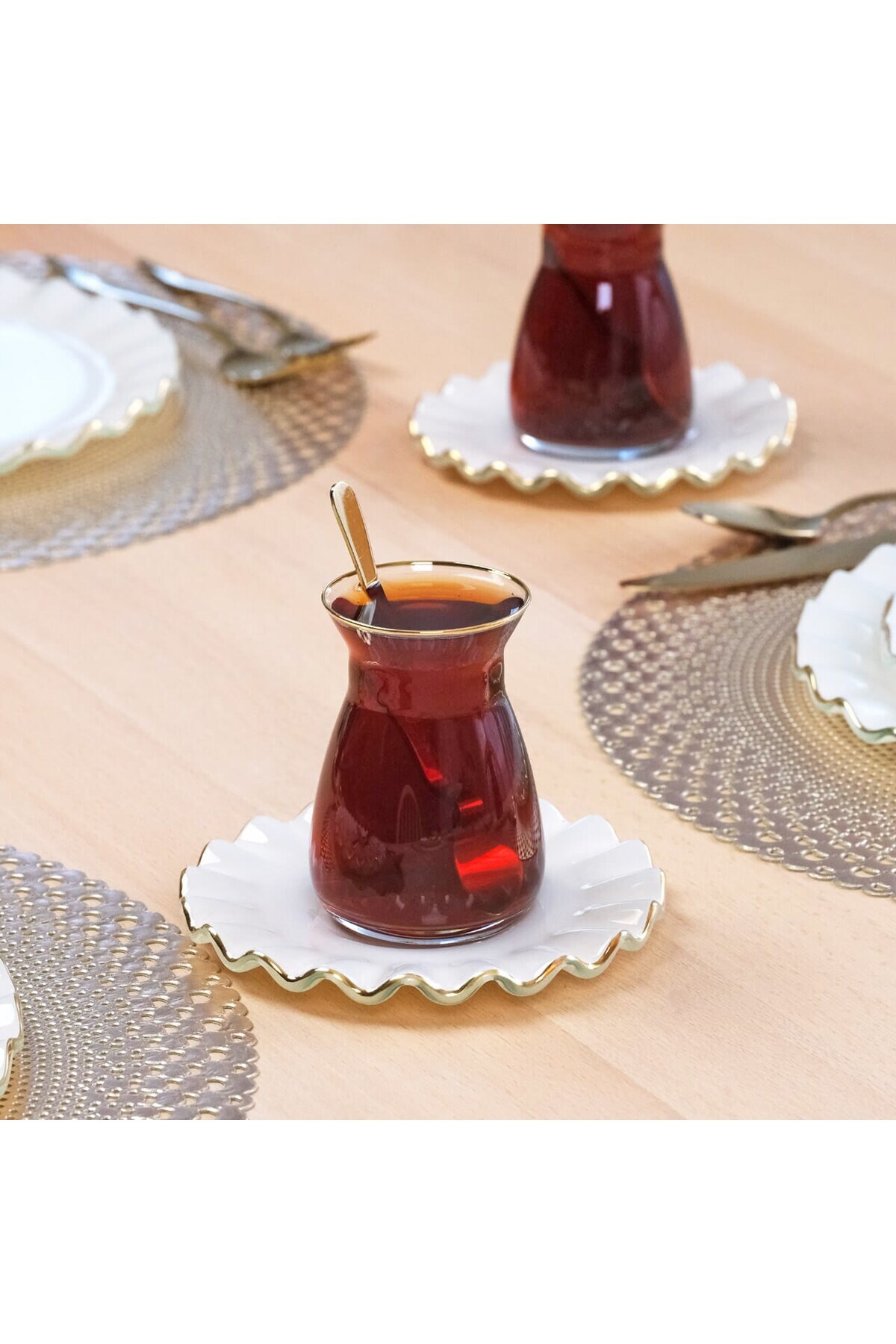 Glore-Solid Cream Wavy 12 Piece Gold Gilded Glass Tea Set for 6 3