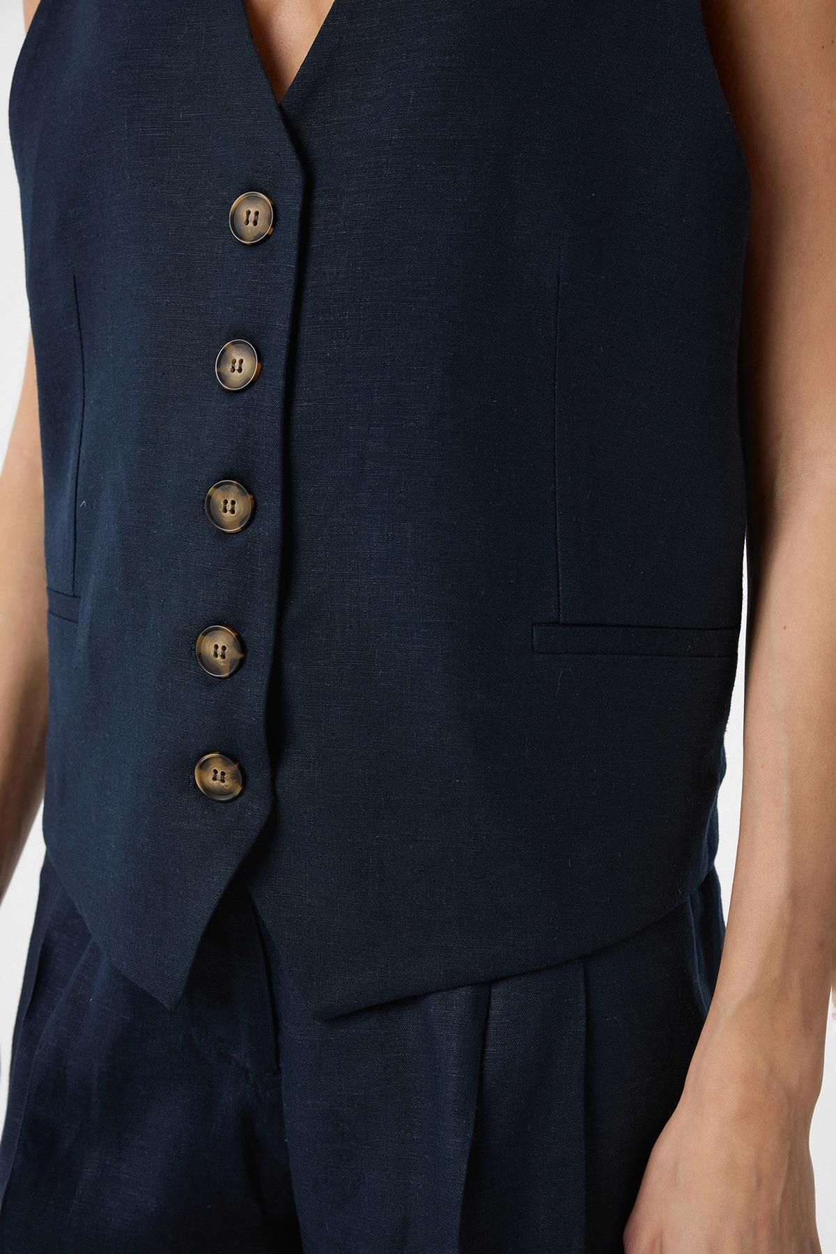 Antioch-Navy Blue Linen Blended Women's Tailor Vest 4