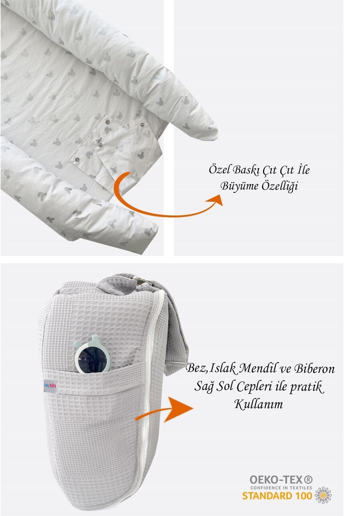 Jaju Baby Babynest Gri Waffle Micky Desenli Çantalı Babynest Bebek Çantası Taşınabilir Anne Yanı Yatağı fotoğrafı 2 (önizleme)