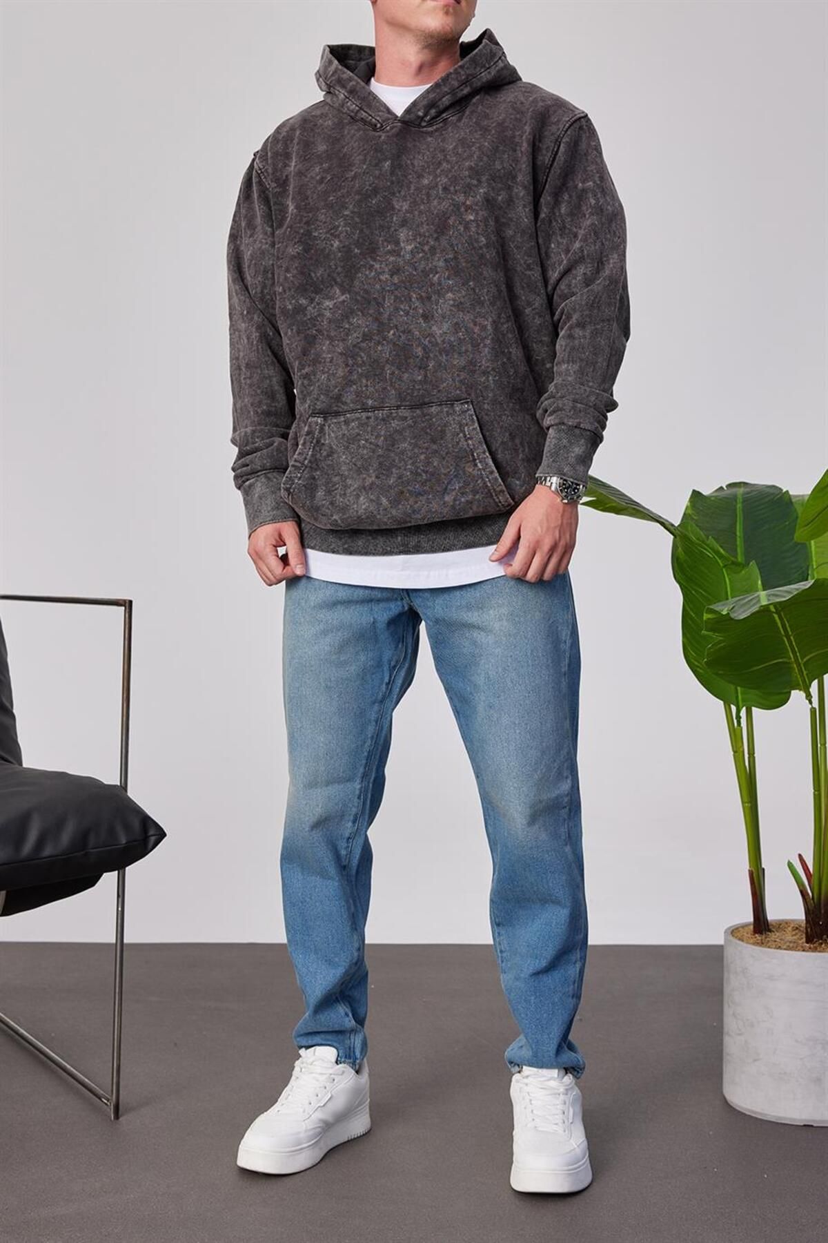 NOMARC-Πλυμένο Basic Smoked Sweatshirt με κουκούλα 4