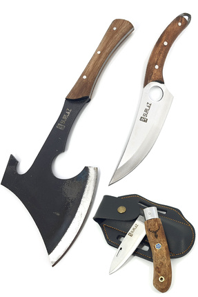 SürLaz Kamp Balta Bıçak Seti 3 Parça El Yapımı Ahşap Sap