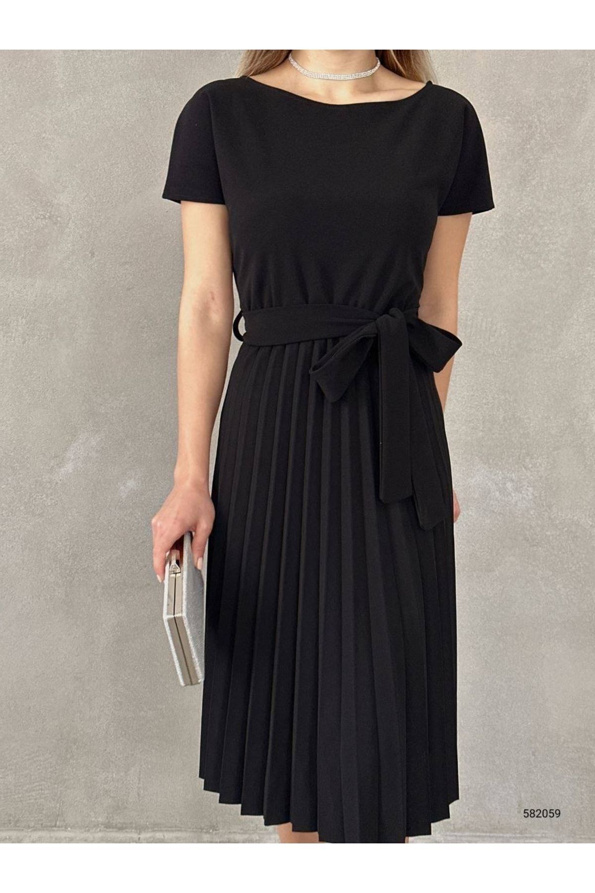 Esinty  Kadın Siyah Eteği Pileli Beli Kuşaklı Krep Kumaş Mezuniyet Düğün Nikah Elbisesi - Görsel 6