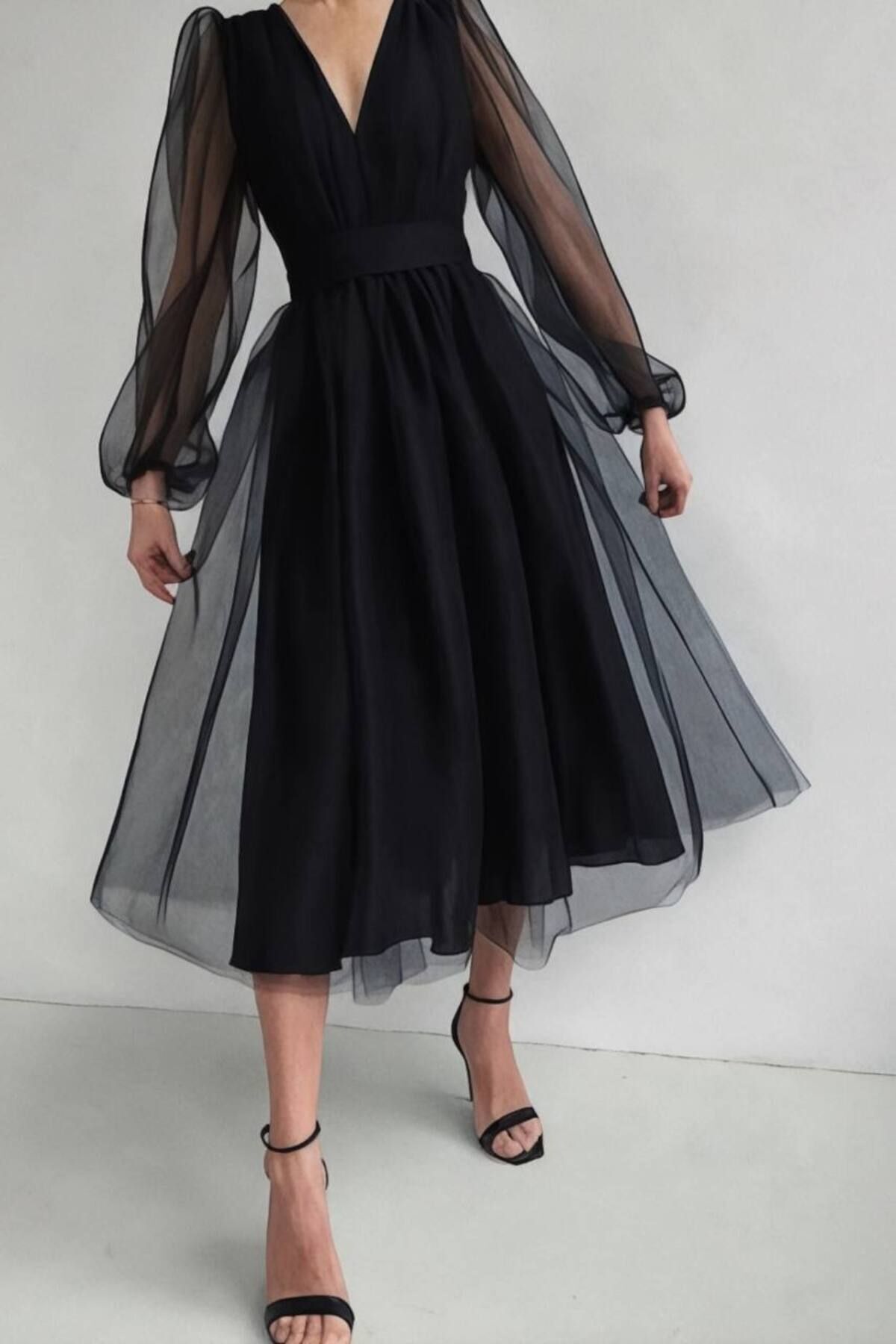 ALFUDO Moda Collection  Kadın Siyah Hayalim Tül Astarlı V Yaka Kemerli Midi Boy Abiye Mezuniyet Elbise - Görsel 2