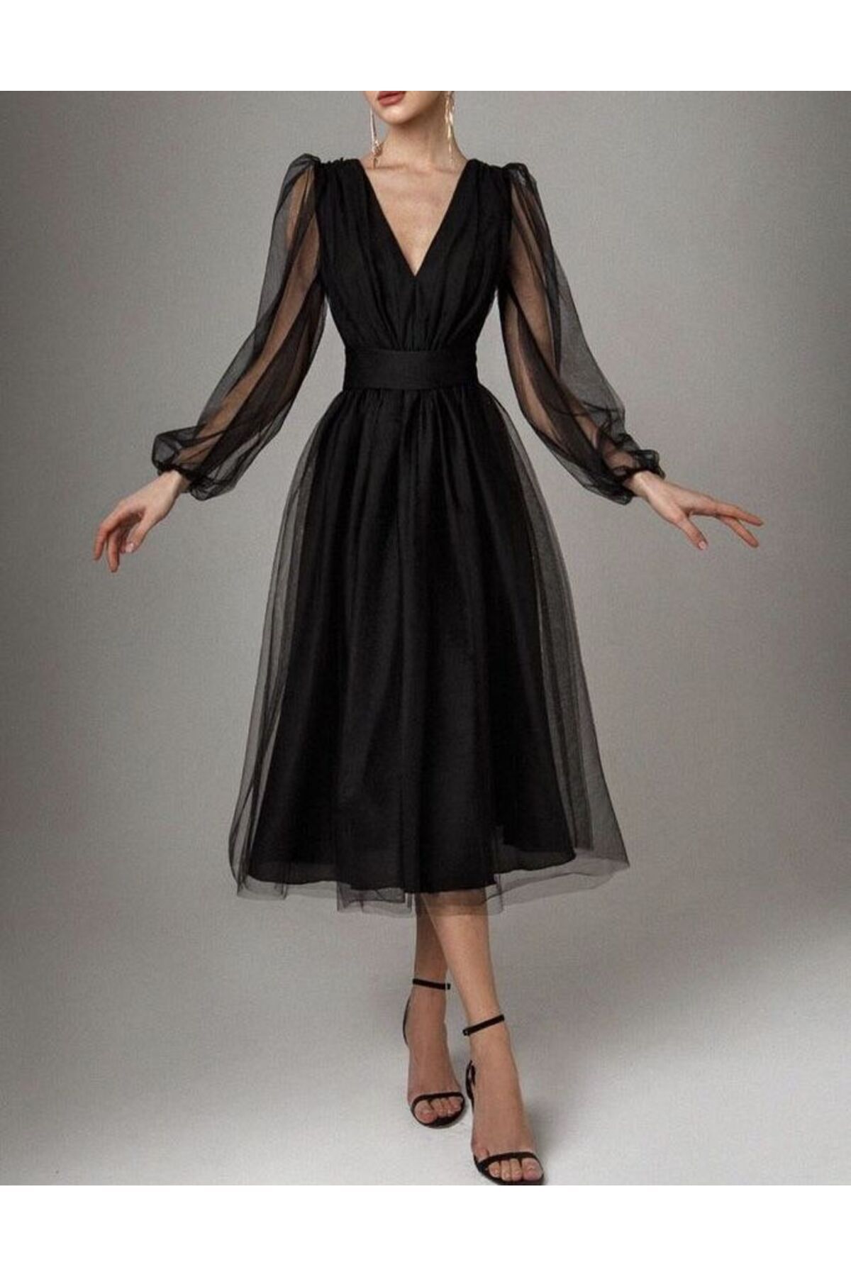 ALFUDO Moda Collection  Kadın Siyah Hayalim Tül Astarlı V Yaka Kemerli Midi Boy Abiye Mezuniyet Elbise - Görsel 3