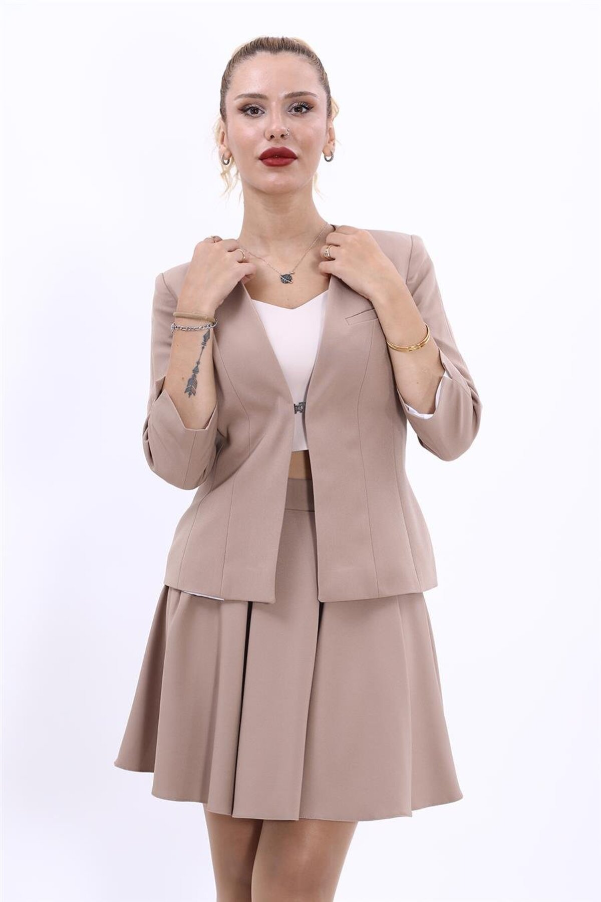 V-Neck Short Jacket-Stone
