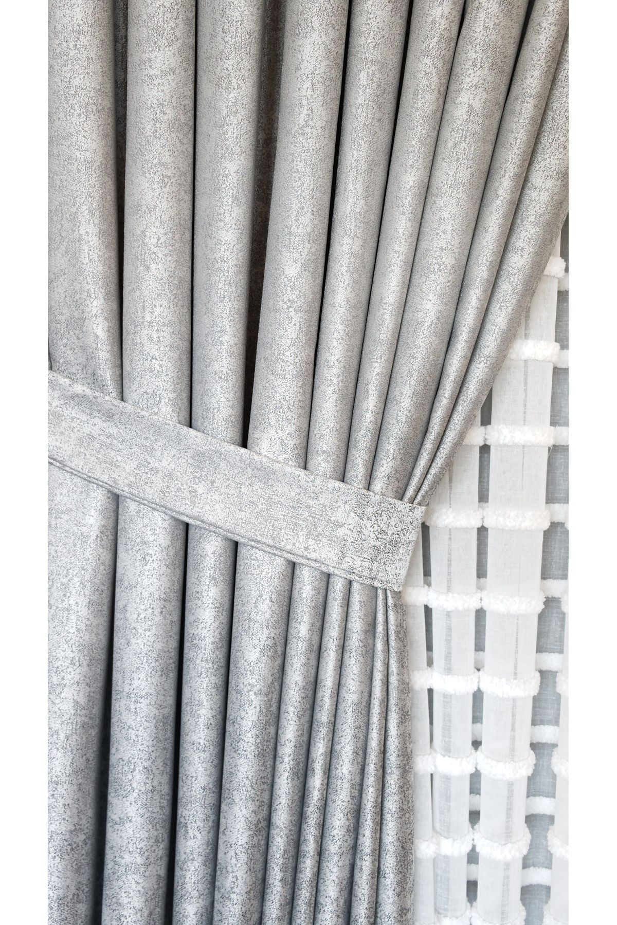Yuka-Trojan Gray Double Wing Sparse Pleated Jacquard Satin Textured Background Curtain with Bright Pattern 90 X 270 3