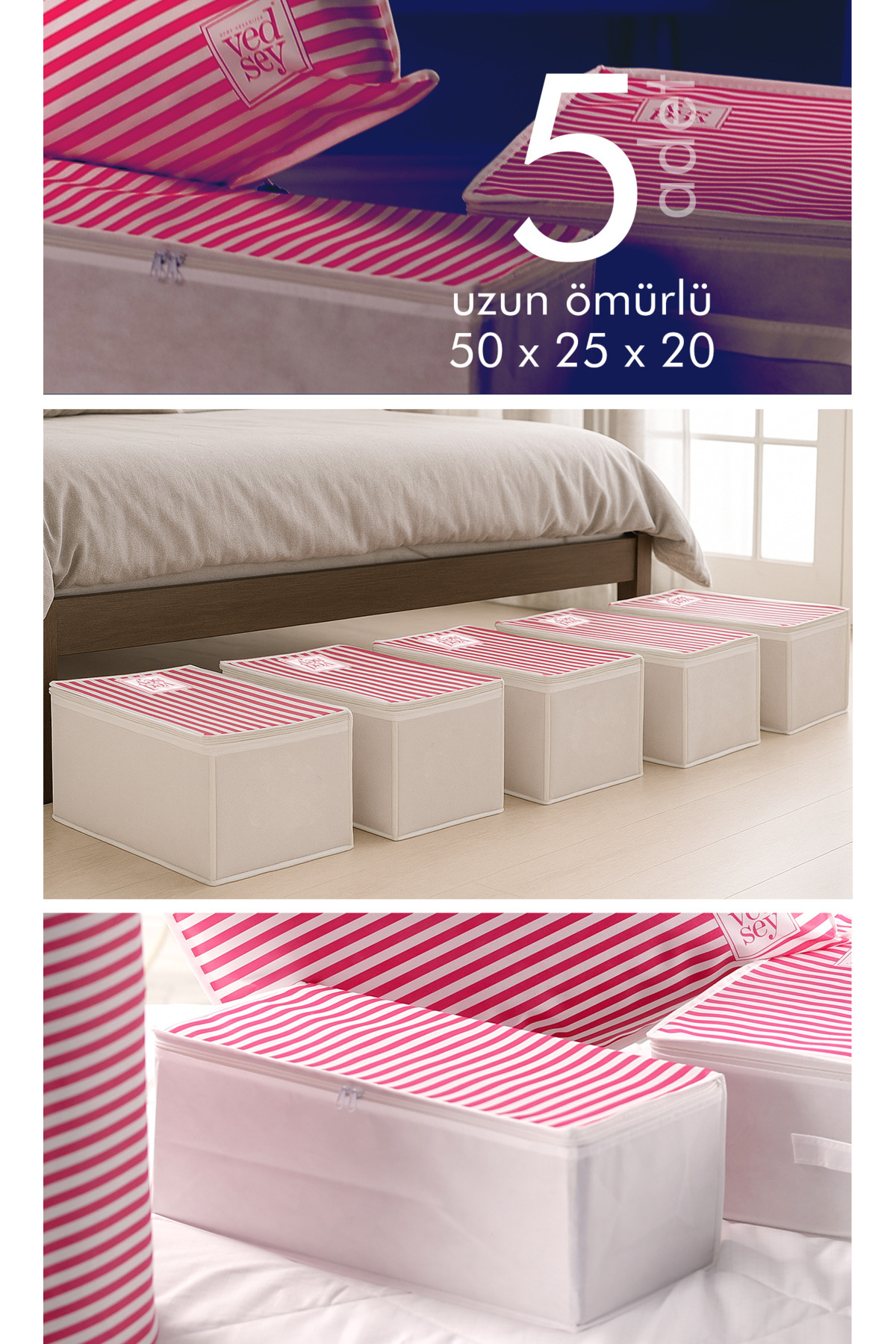 5-Piece Set Medium Size 50x25x20cm Base & Sofa Bed, Clothes Organizer Hatch Pink Striped