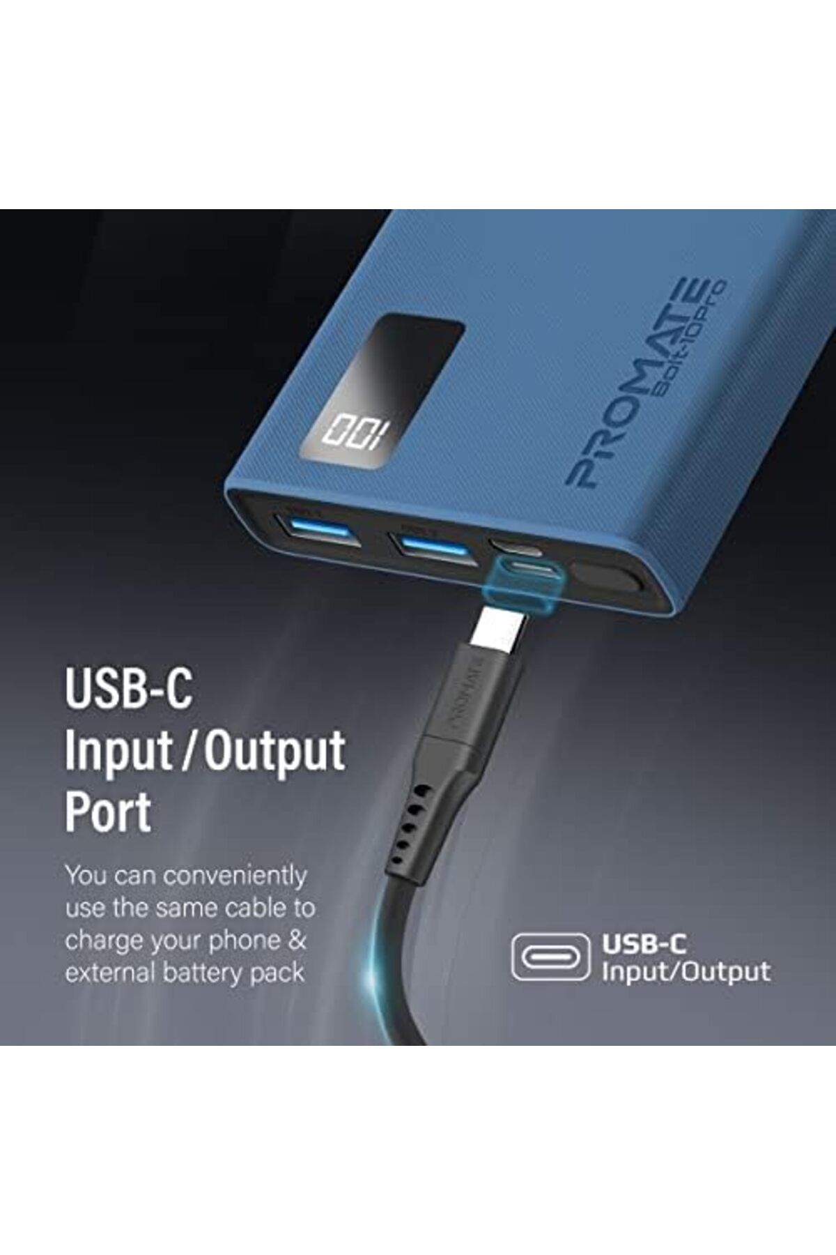 Promate-Power Bank, Universal 10000mAh Ultra-Slim Portable Charger with 10W USB-C Input/Output PORT, 4