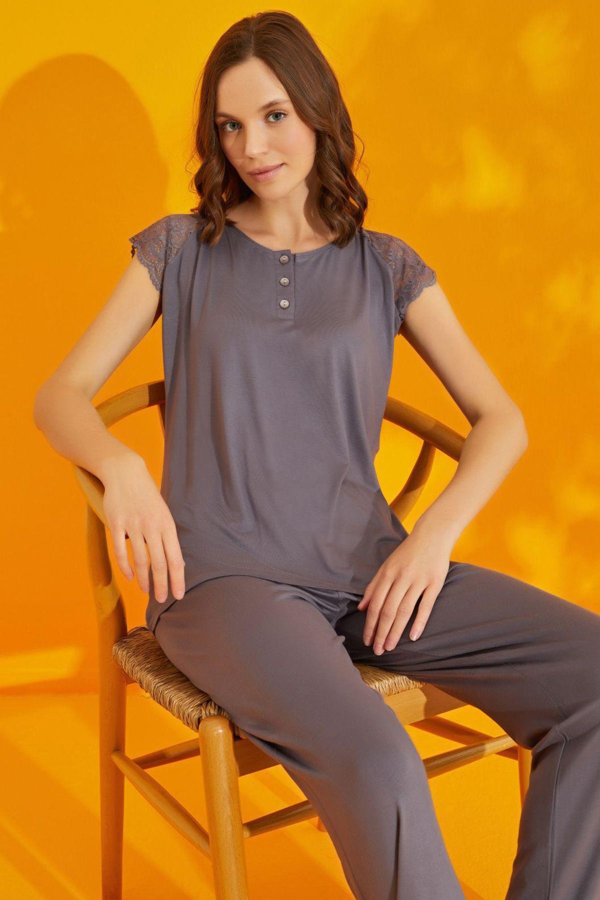 Fulla Moda-Lace Detailed Pajama Set with Sleeves 1