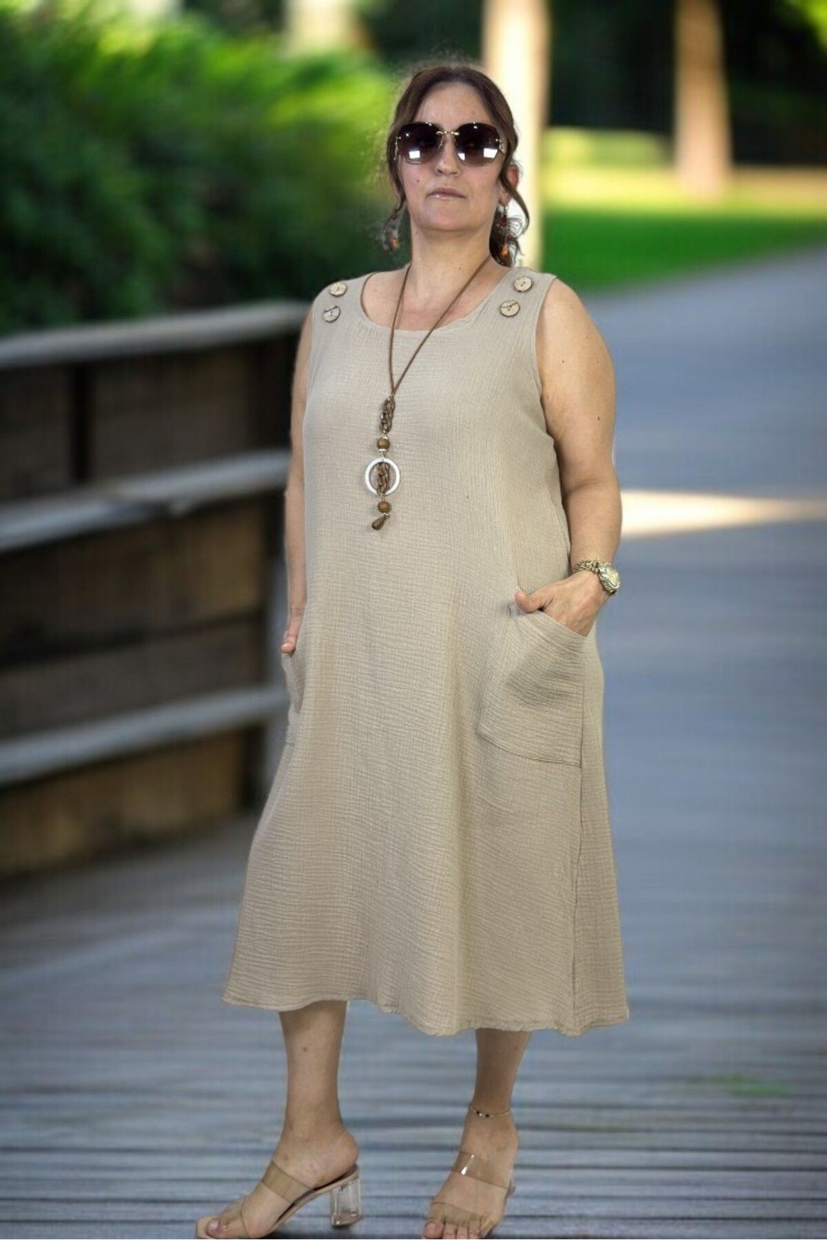 yagmurberen-Button Detail Jopone Sleeve (Sleeveless) Pocketed Muslin Fabric Large Size Summer Dress 6