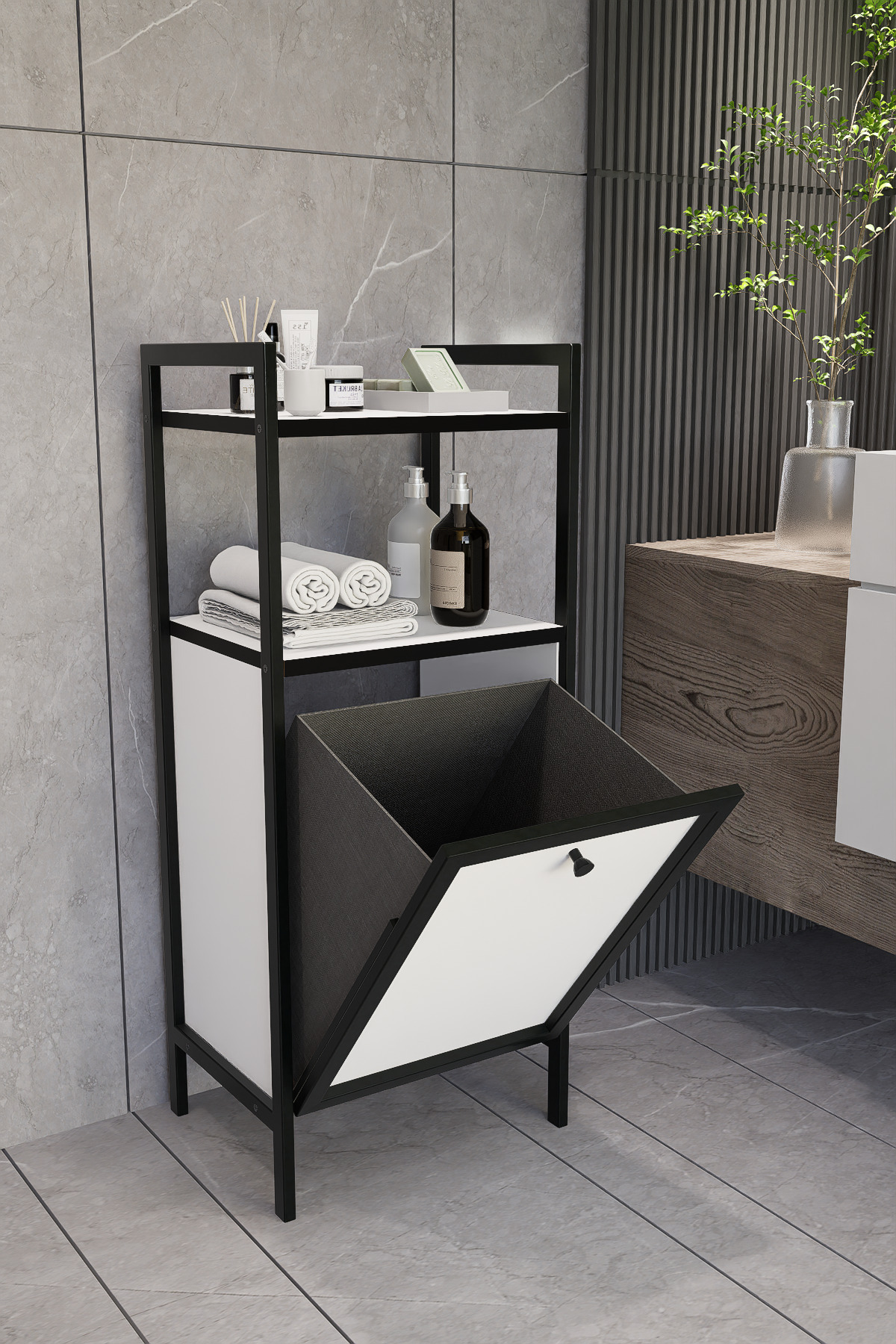 Milonsa Çamaşır Sepetli Banyo Dolabı | Modern Metal Gövdeli Çamaşır Sepeti Çok Amaçlı Düzenleyici Raf