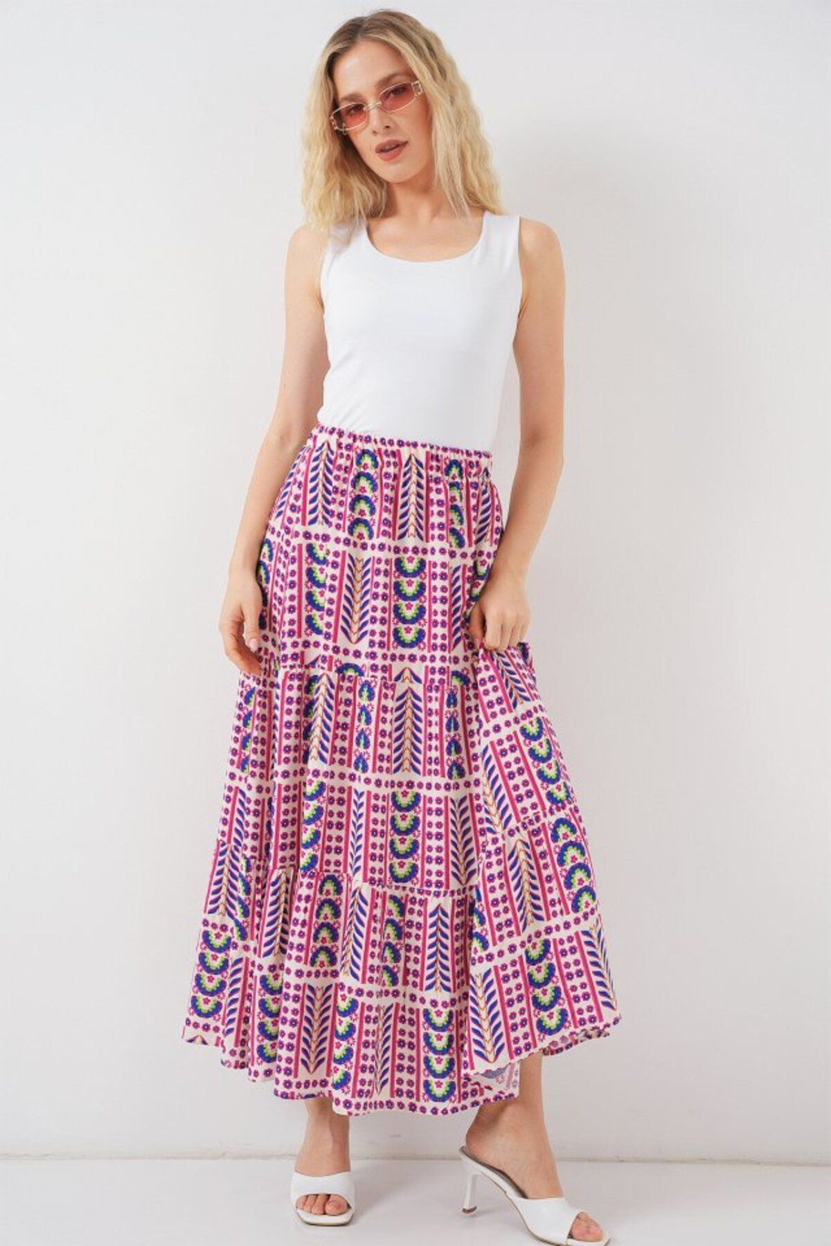TUA MODA-Tua Moda Patterned Long Skirt 8053 - Fuchsia 3