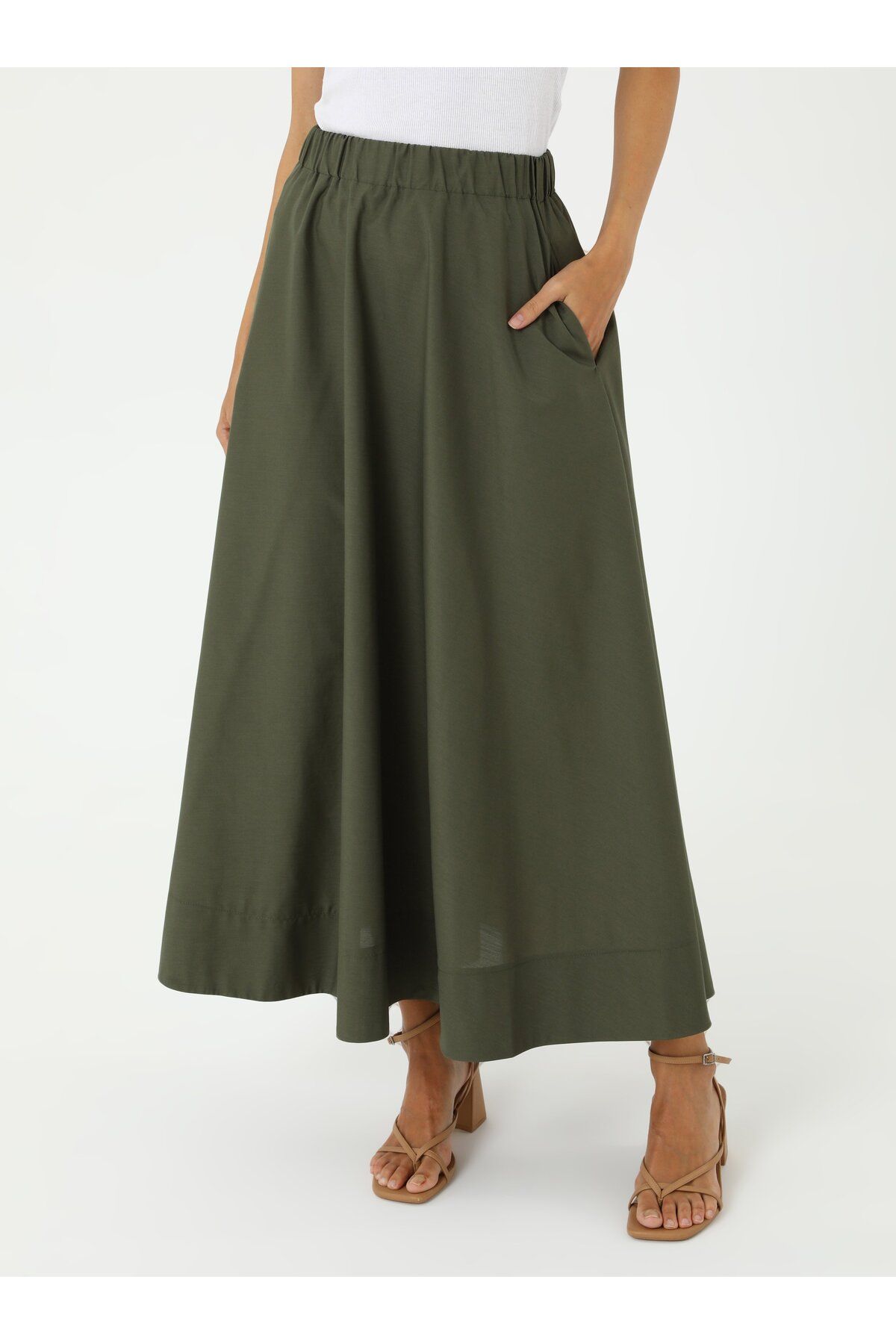 Benin-Elastic Waist Cotton Basic Poplin Skirt - Khaki - Benin 3