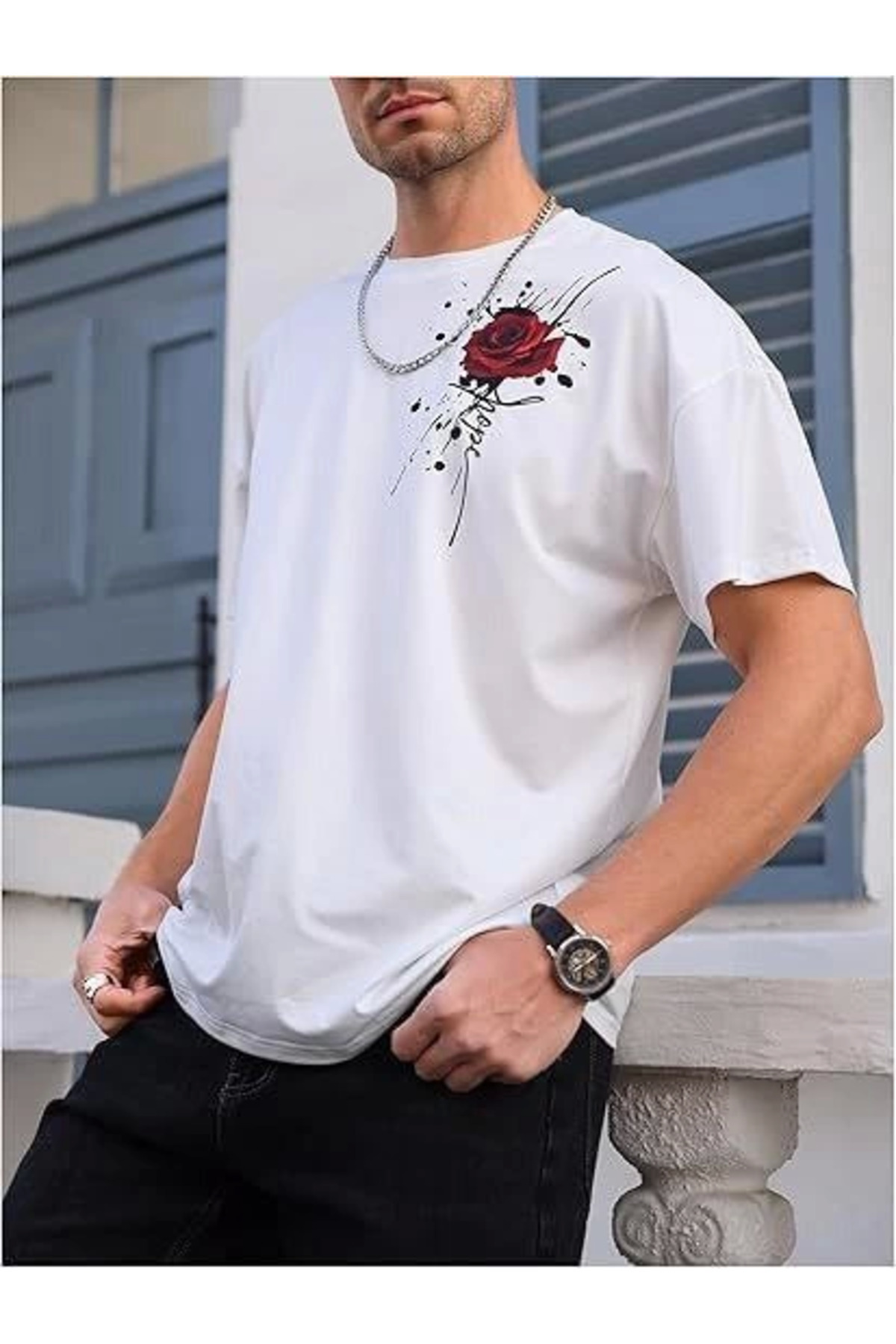Erkek Bisiklet Yaka Kısa Kol Baskılı T-shirt - Beyaz