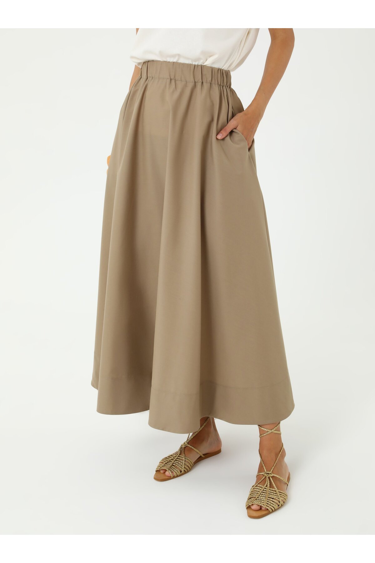 Benin  Beli Lastikli Pamuklu Basic Poplin Etek - Bej - Benin - Görsel 4