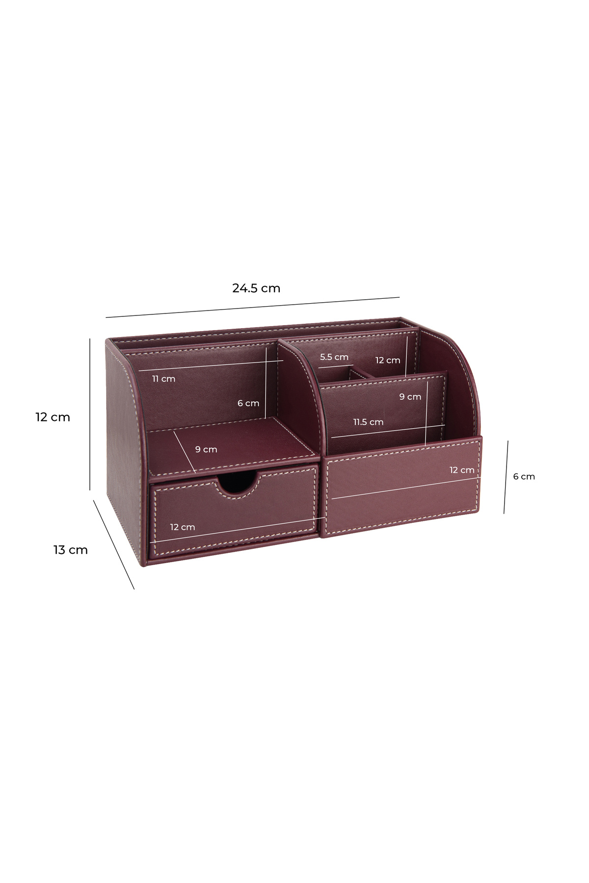 2K-Desktop Organizer, Pen Holder, Remote Control, Cube Notepad Holder, Tablet Holder, Bookshelf, 6 Compartments, Drawer, Claret Red 4