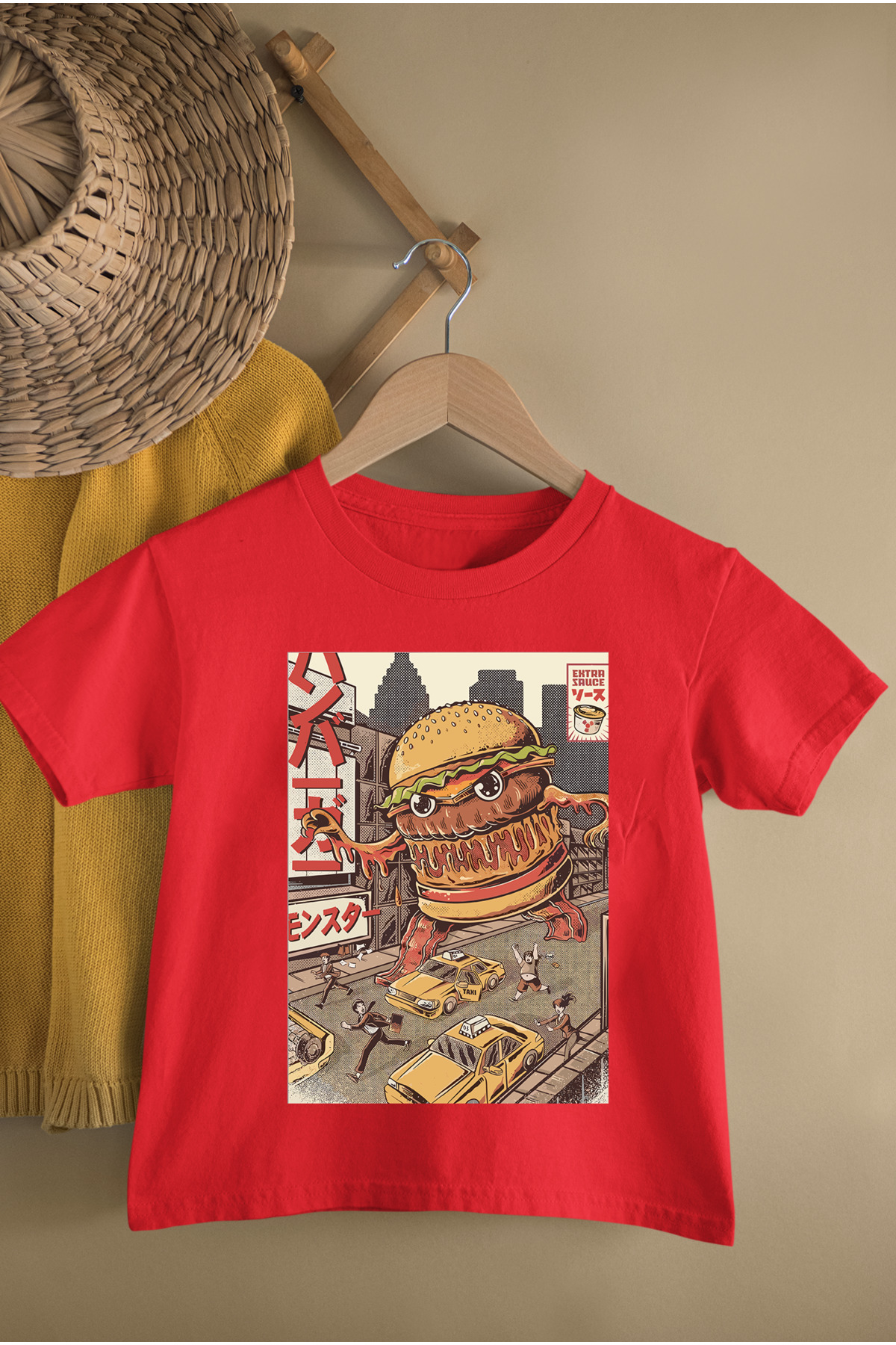 ANIME JEONKARGI BURGERZILLA PRINTED CREW NECK STANDARD FIT SHORT SLEEVE YOUNG AND CHILD TSHIRT