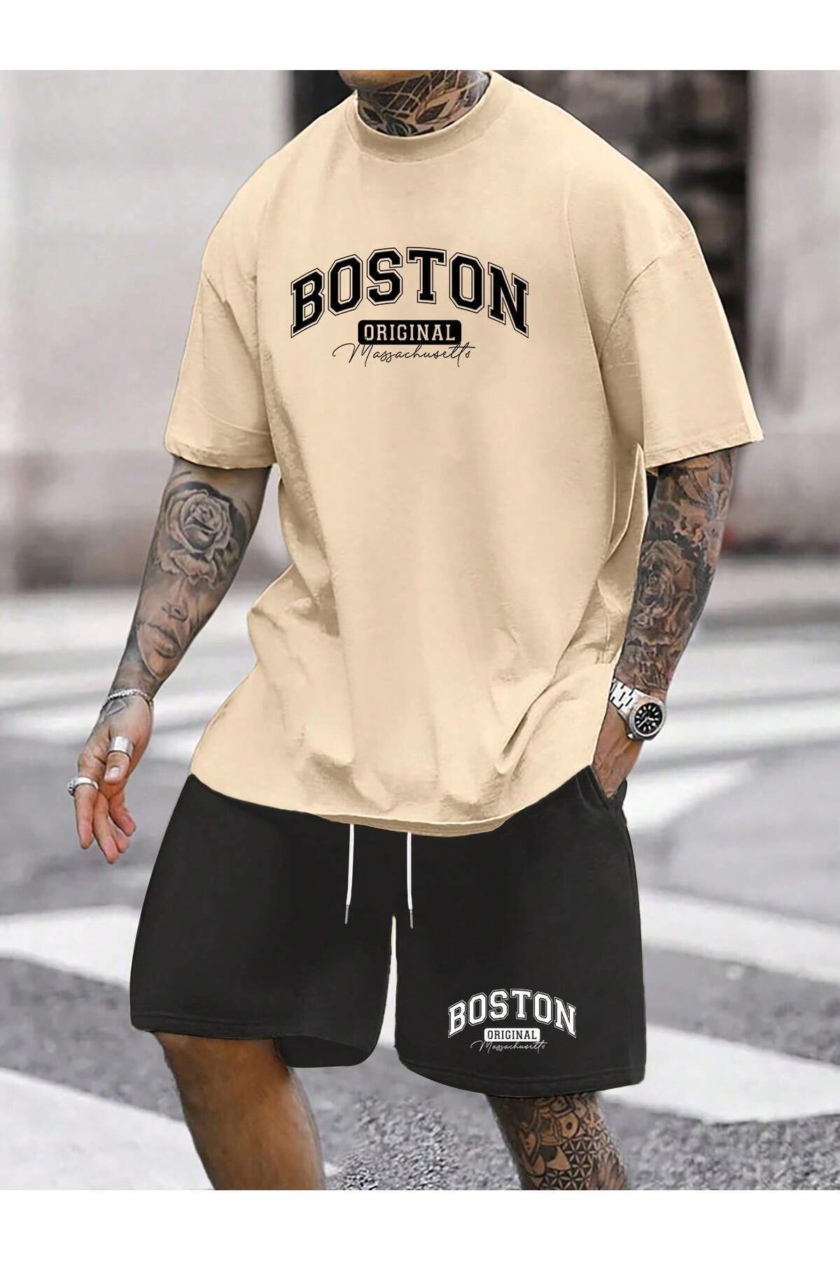 DİSCOST Erkek T-Shirt – Erkek kısa kollu tişört ve şort takımı, harf Dijital Baskılı , Günlük ve Sokak Stili