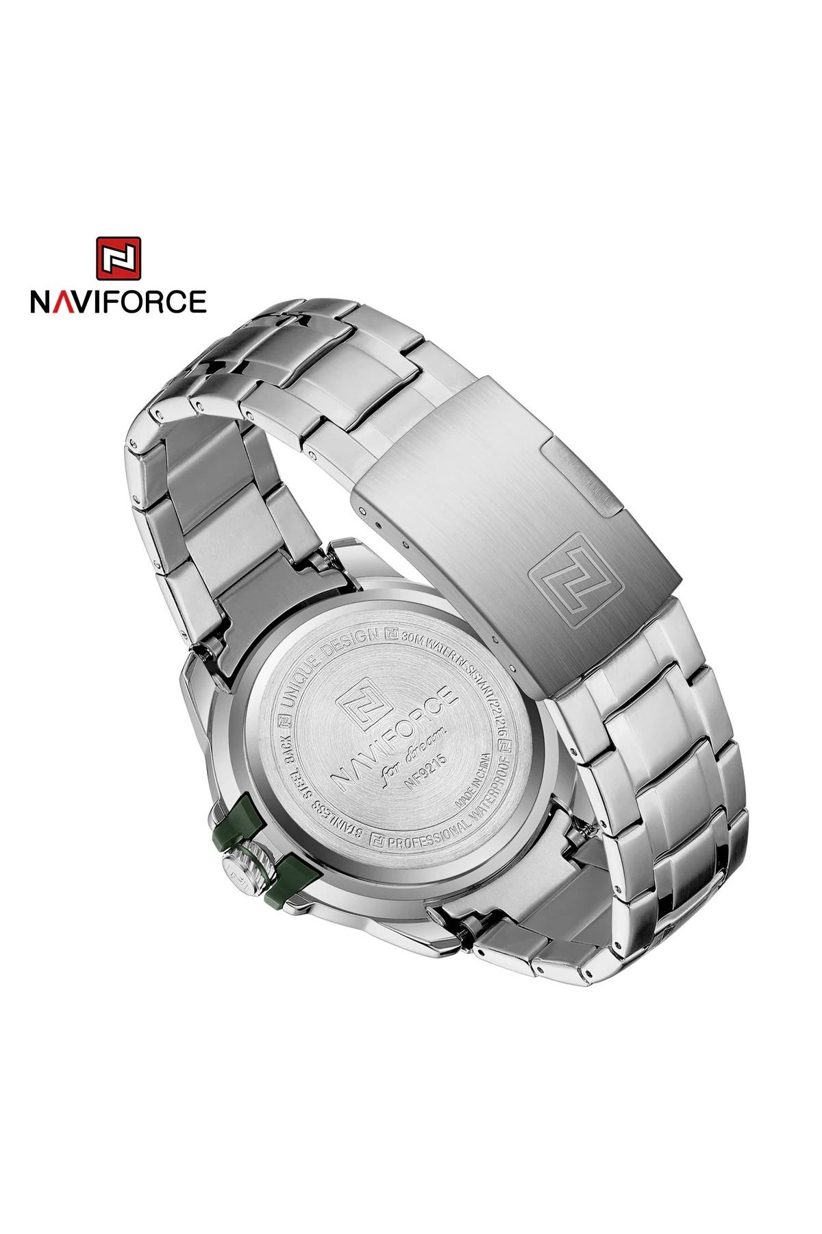 Naviforce-Mens Green Dial Stainless Steel Strap Watch Analog Quartz Waterproof with Day and Date Display 7