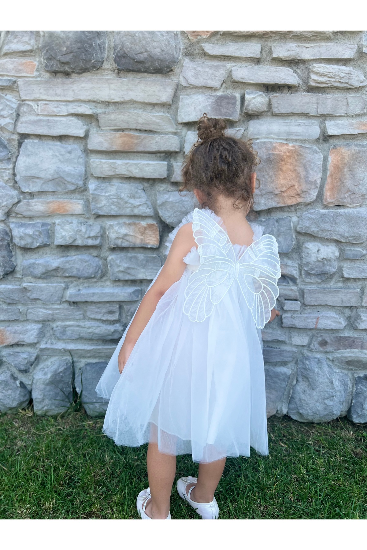 penu baby kids Beyaz Askılı Tül Jile Arkası Kelebek Kanatlı Kız Çocuk Kız Bebek Elbise fotoğrafı 5 (önizleme)