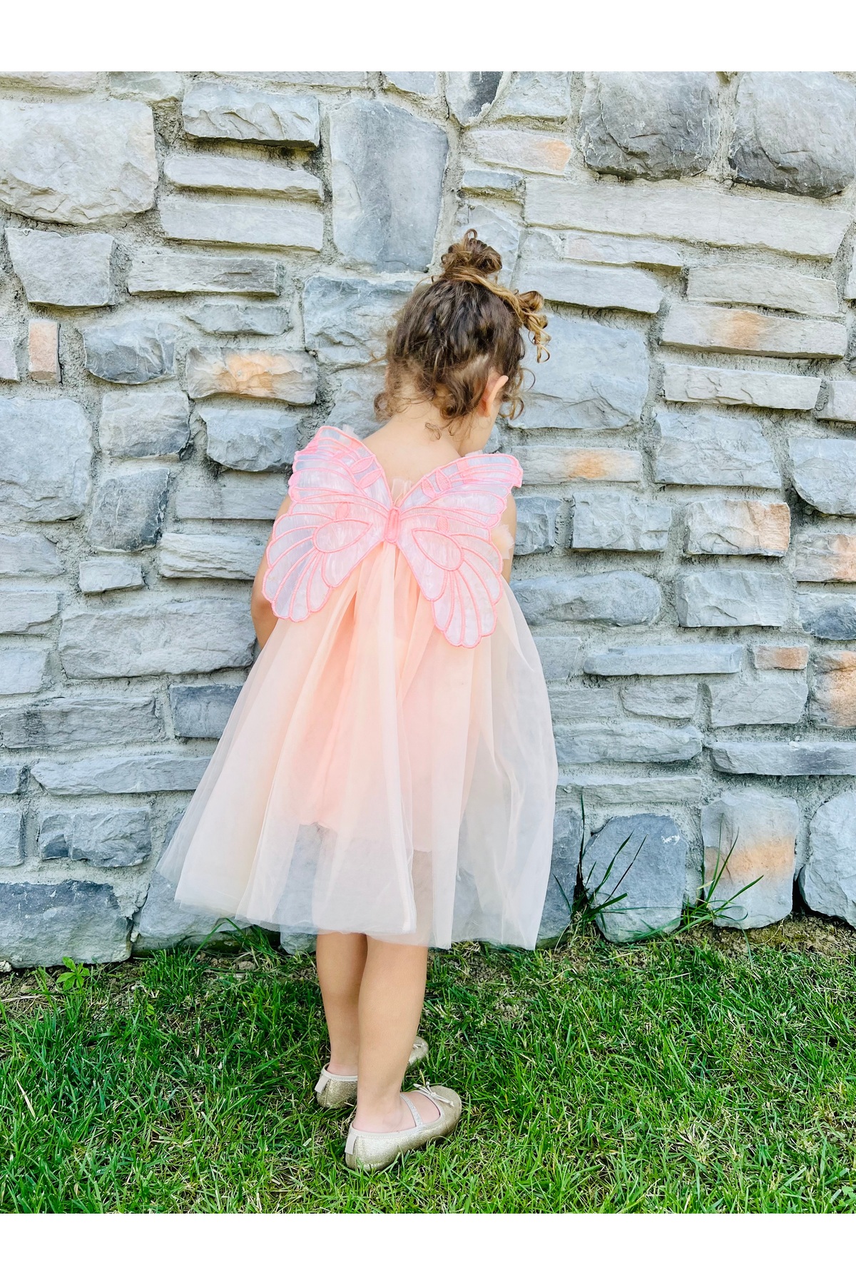 Baby Girl Dress with Butterfly Wings Behind Tulle Gilet with Salmon Strap