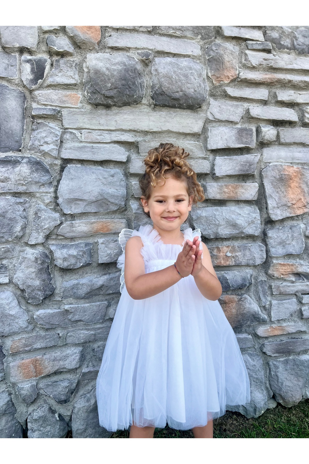 penu baby kids Beyaz Askılı Tül Jile Arkası Kelebek Kanatlı Kız Çocuk Kız Bebek Elbise fotoğrafı 6 (önizleme)