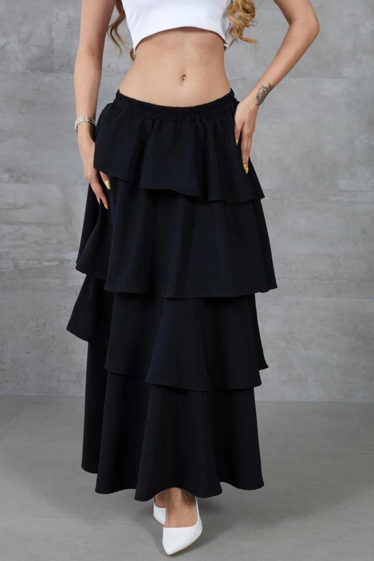 New Laviva  Kadın Siyah Volanlı Kat Kat Beli Lastikli Tesettüre Uygun Kupra Astarlı Krep Etek - Görsel 5